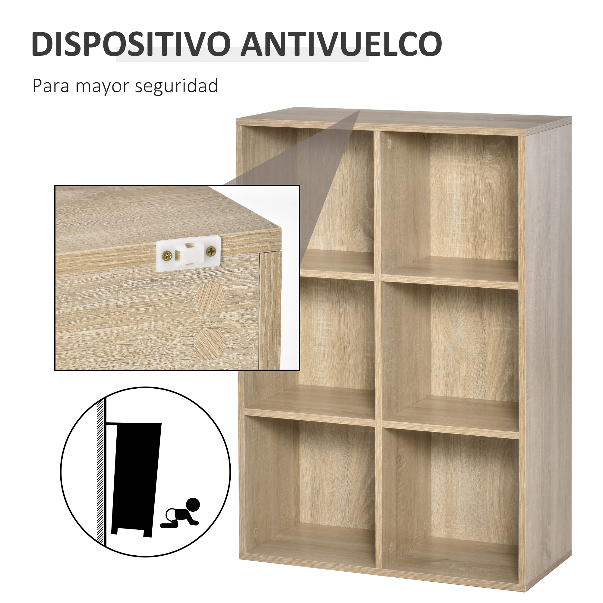Un estante marrón claro con seis compartimentos y un soporte antivuelco.