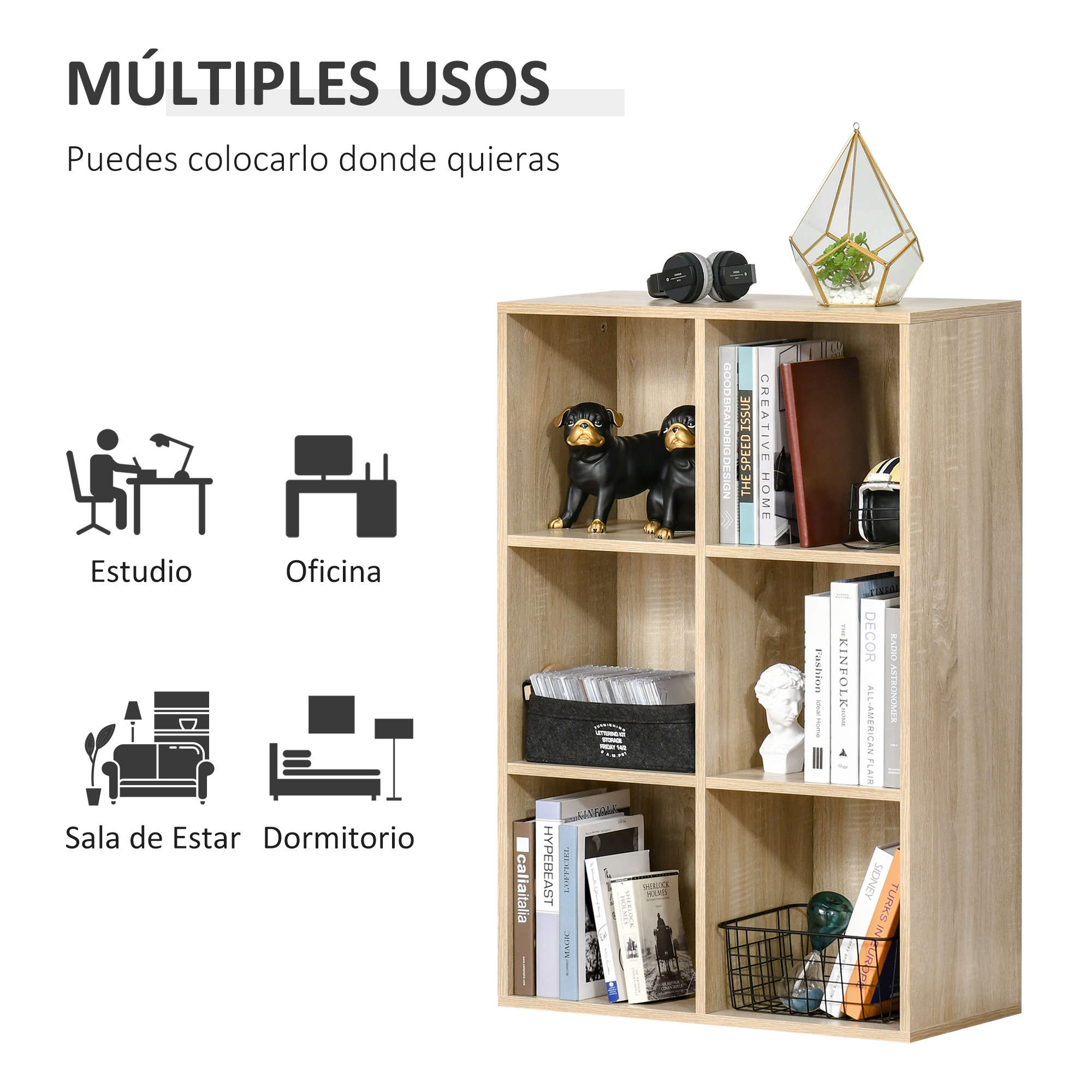 Un estante marrón claro de múltiples compartimentos con libros y decoraciones.
