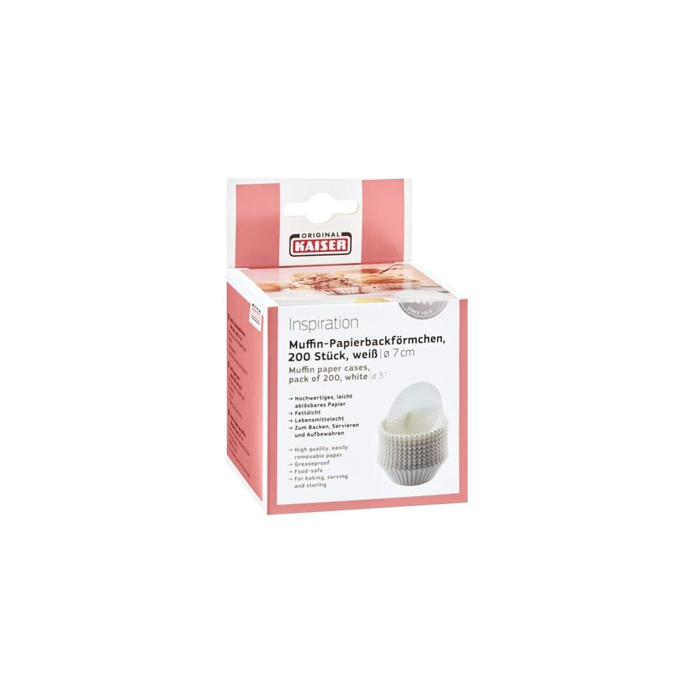 Packung mit 200 weißen Muffinpapierförmchen von Kaiser, 7 cm Durchmesser.