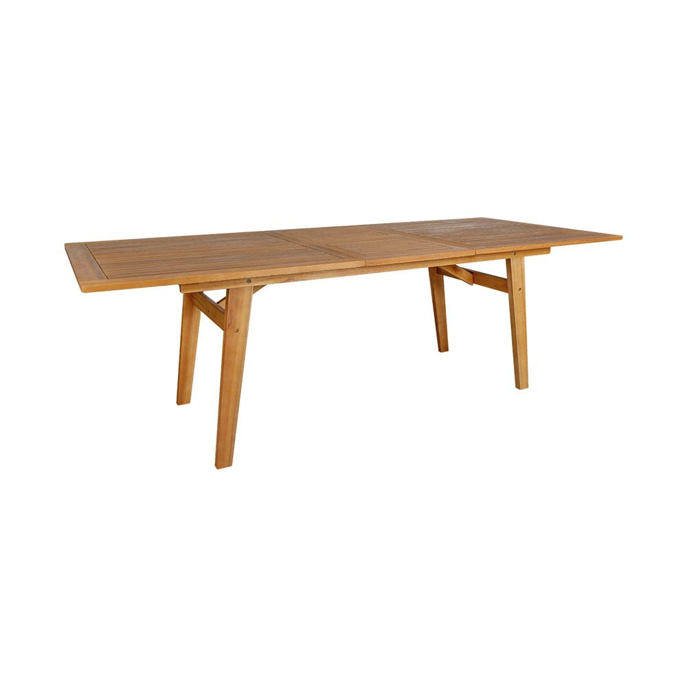 Ein rechteckiger Holztisch mit ausziehbarer Platte und vier Beinen.