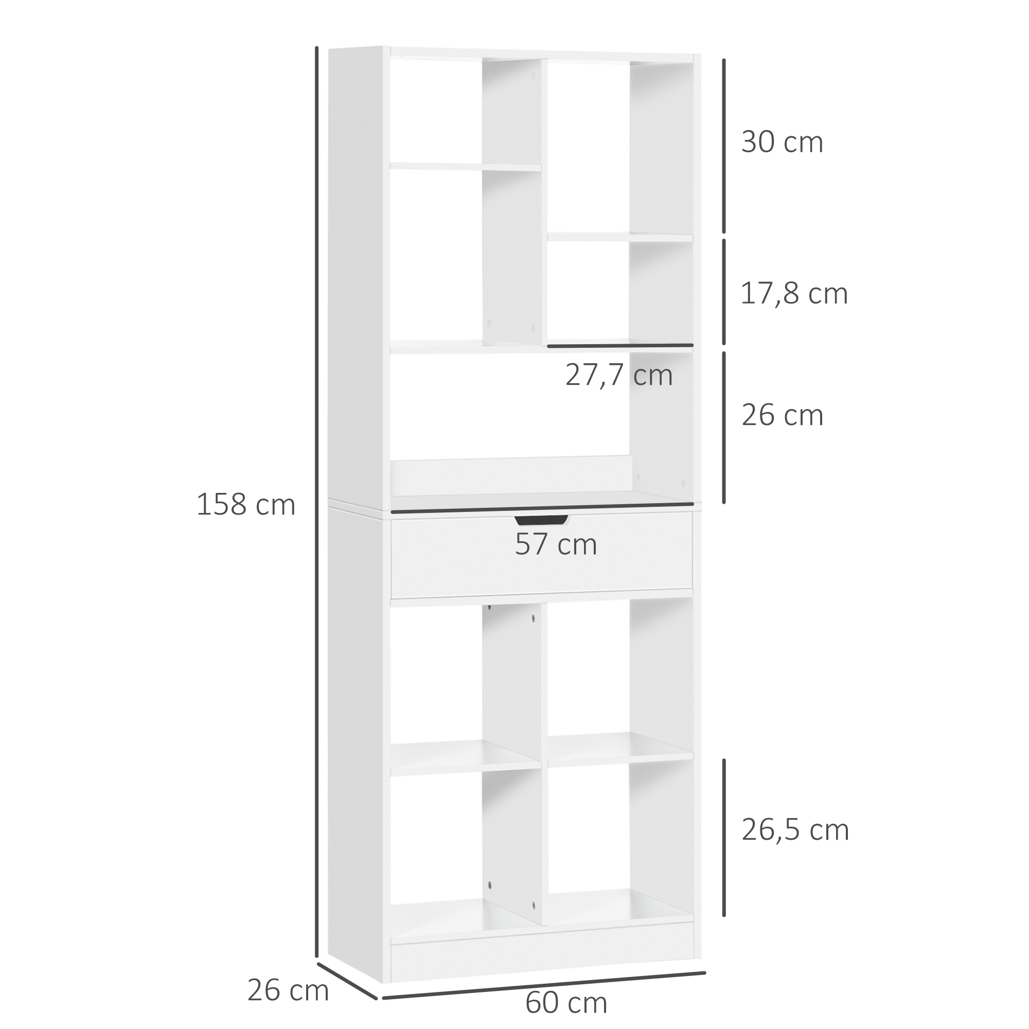 Un estante blanco con varios compartimentos y un cajón. Se muestran las dimensiones.