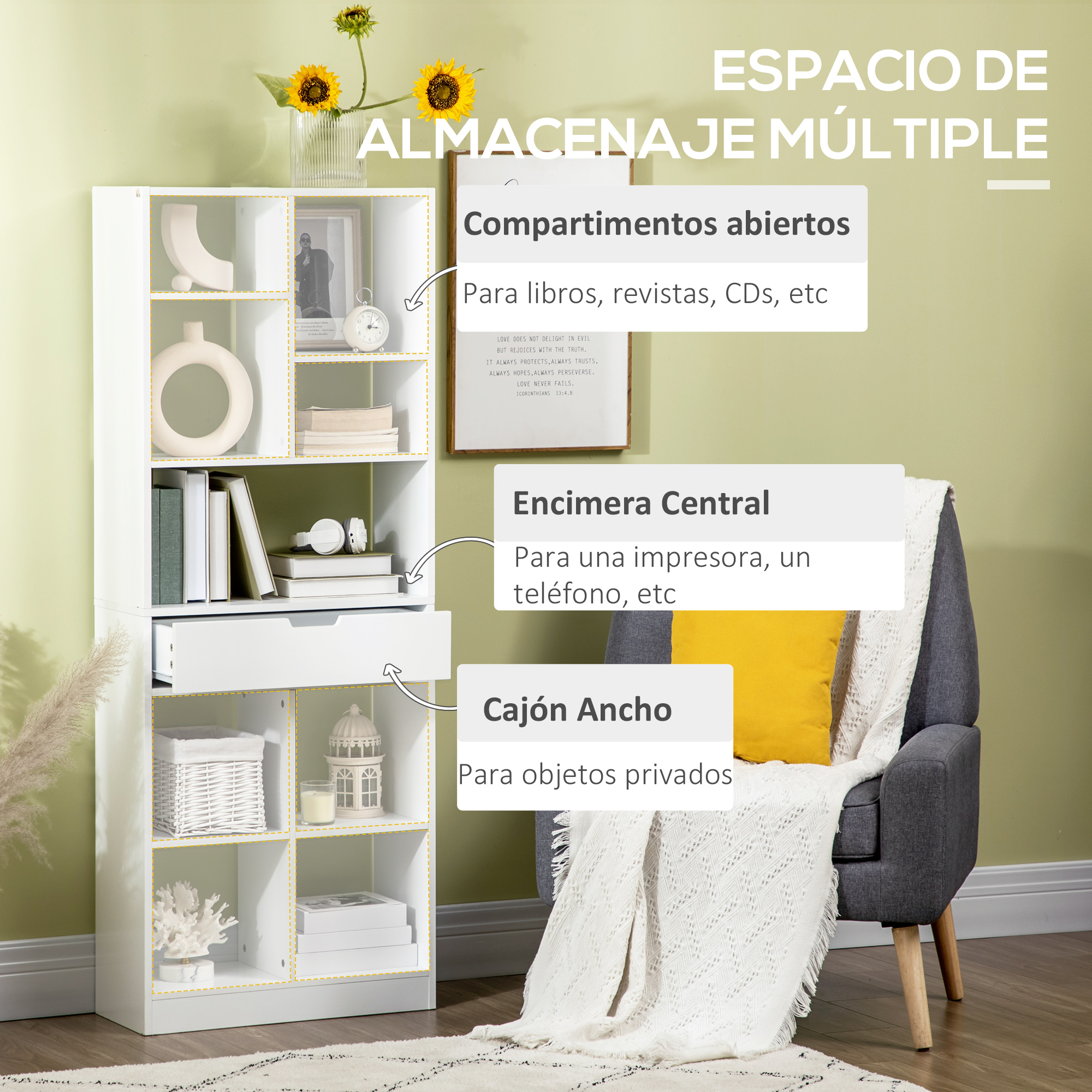 Estantería blanca de múltiples compartimentos con estantes abiertos, cajón.