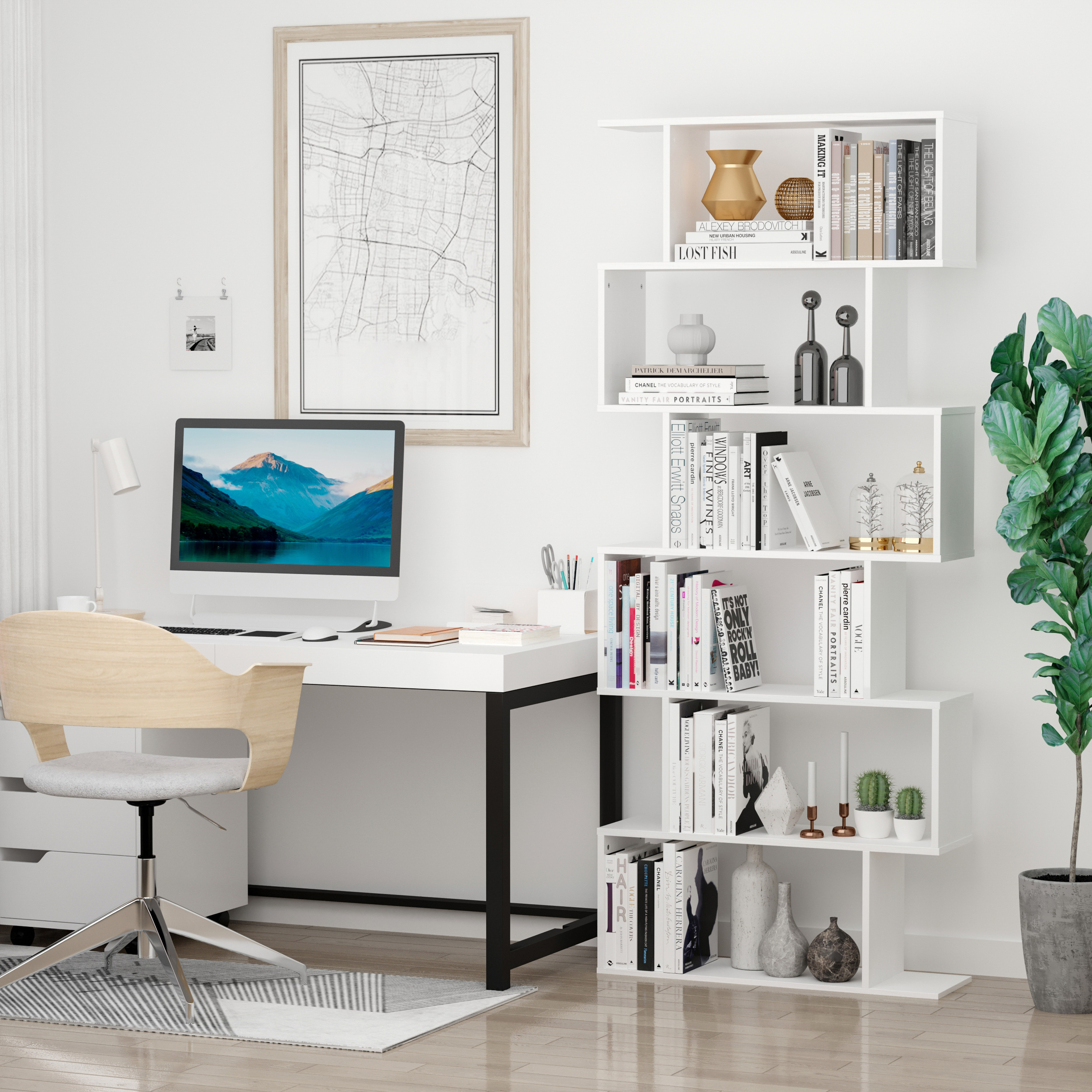 Un espacio de trabajo moderno con escritorio, silla, computadora y estantes.