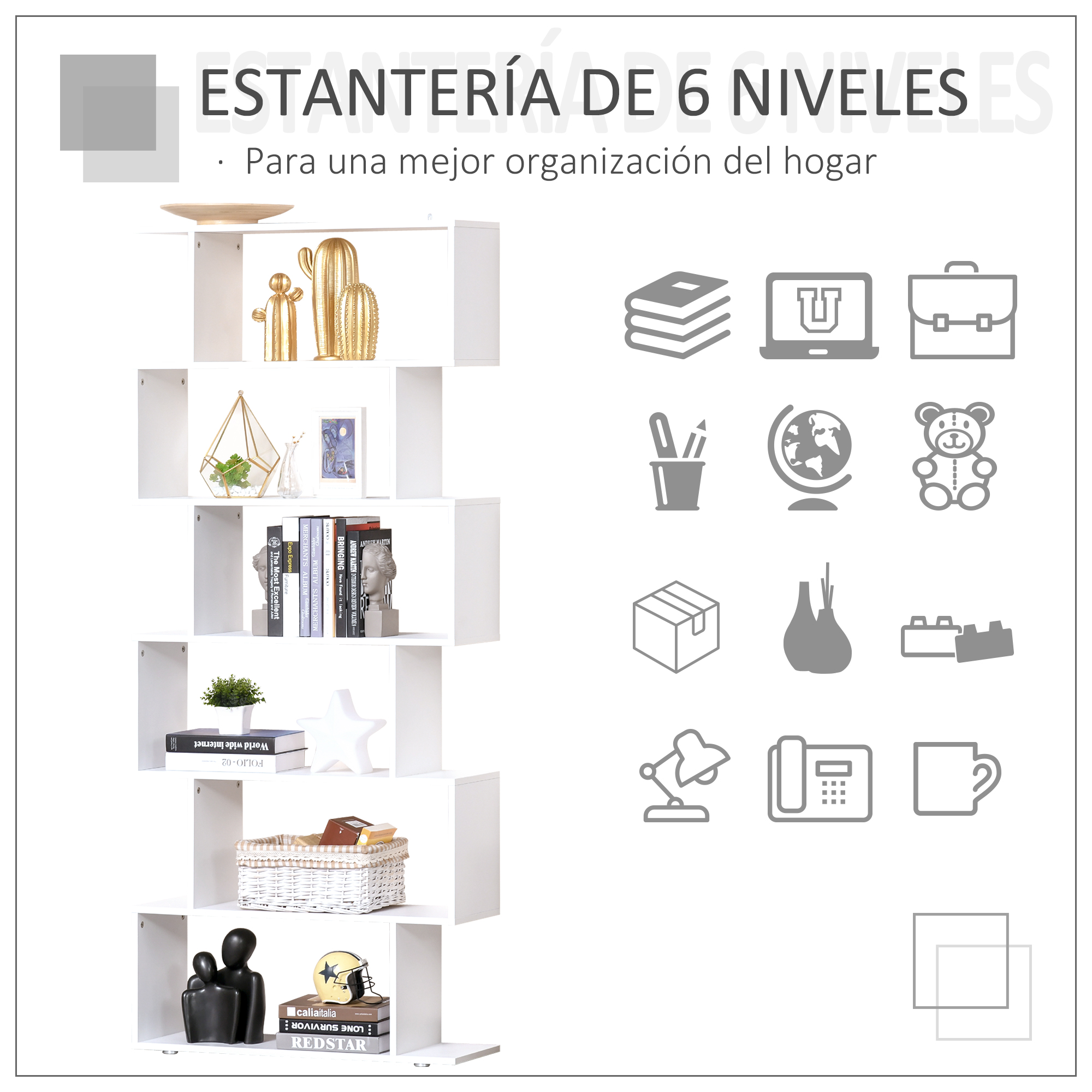 Una estantería blanca con varios objetos decorativos e íconos.