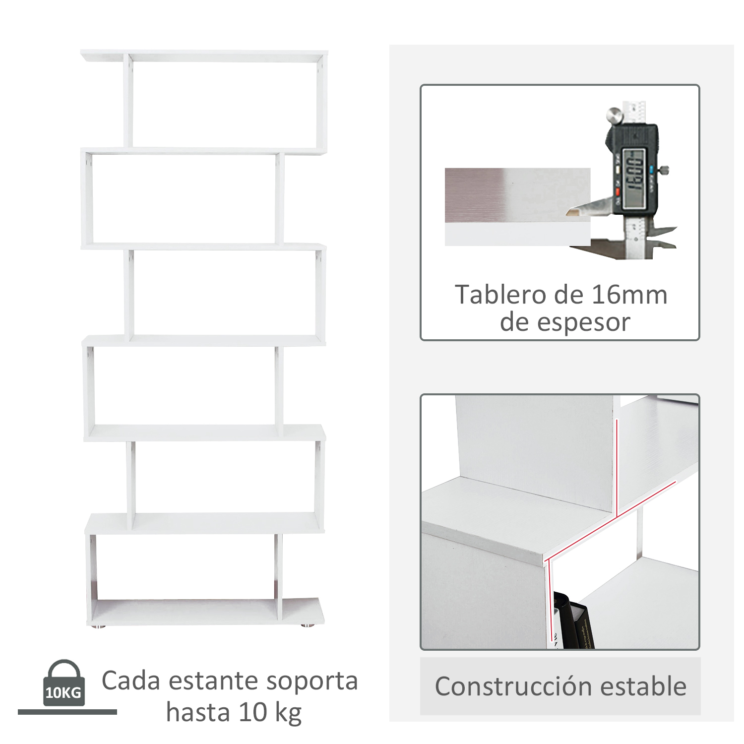 Estantería blanca de seis niveles, 16mm de grosor, soporta 10kg.