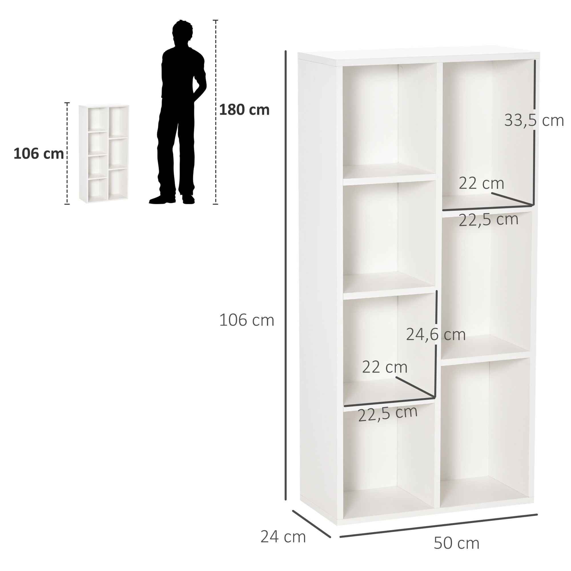 Una estantería blanca de 6 baldas, de 106cm de altura, junto a una silueta de 180cm.