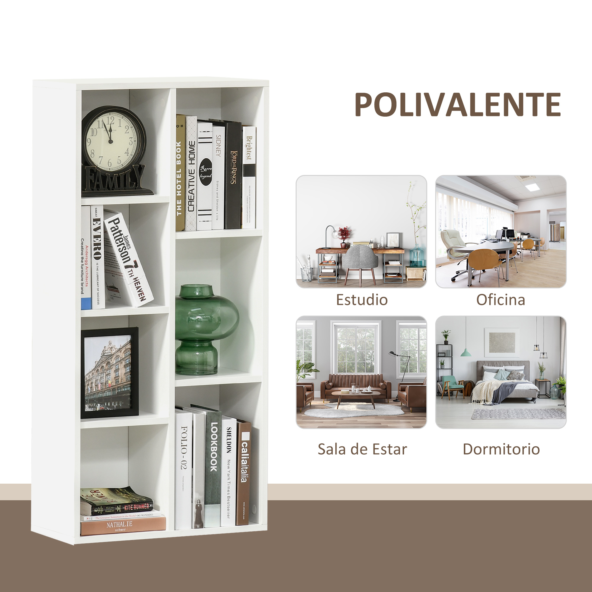 Estantería blanca con libros, reloj y decoración. Al lado, imágenes de espacios habitables.