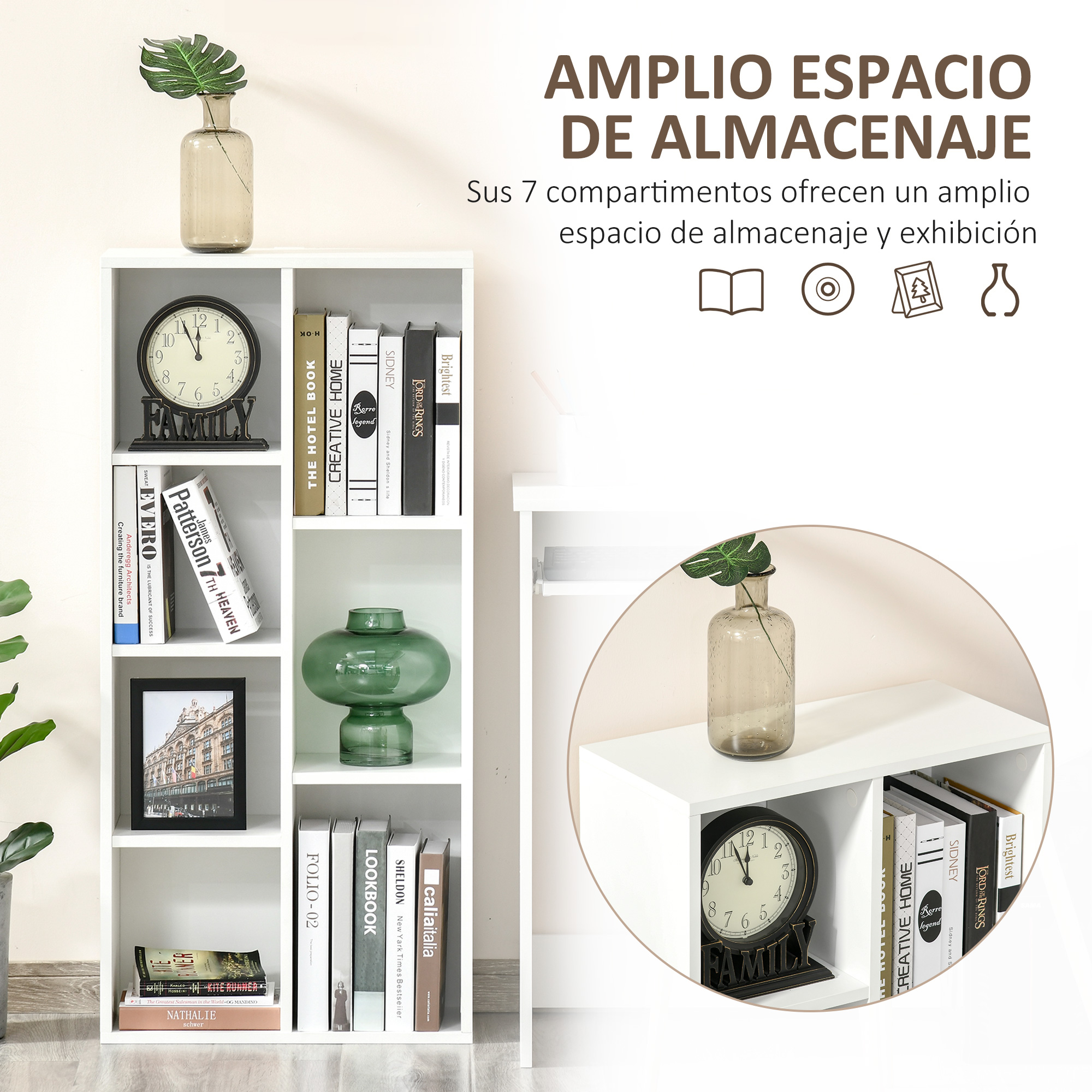 Estantería blanca con libros, jarrón y reloj. Texto encima.