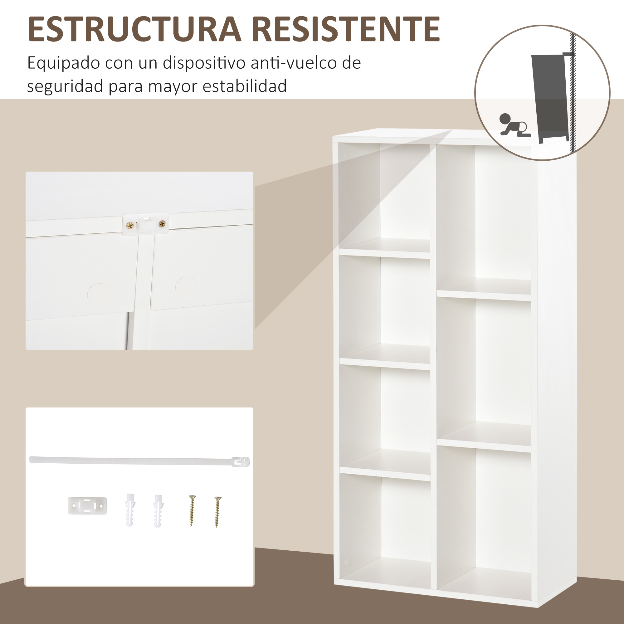 Librería blanca de seis estantes con herrajes y símbolo de seguridad antivuelco.