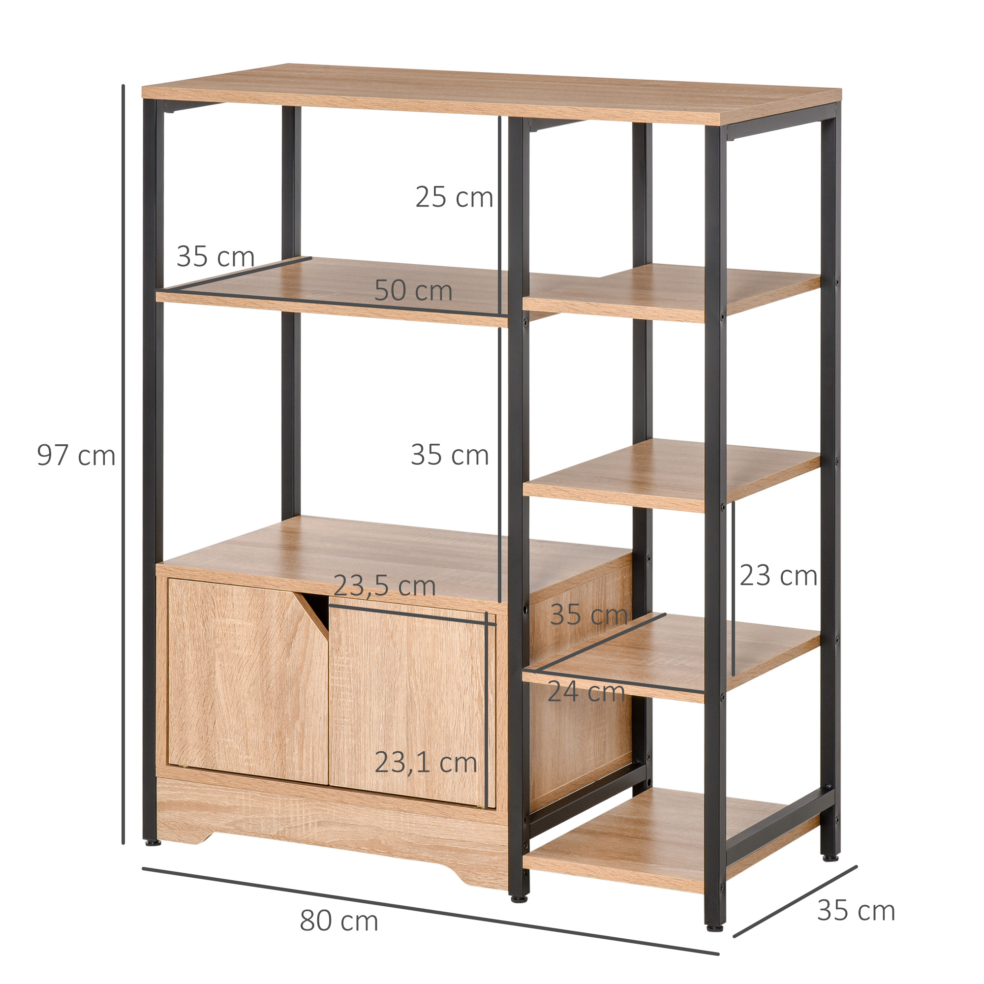 Estantería de madera con marco de metal negro, se muestran las dimensiones.