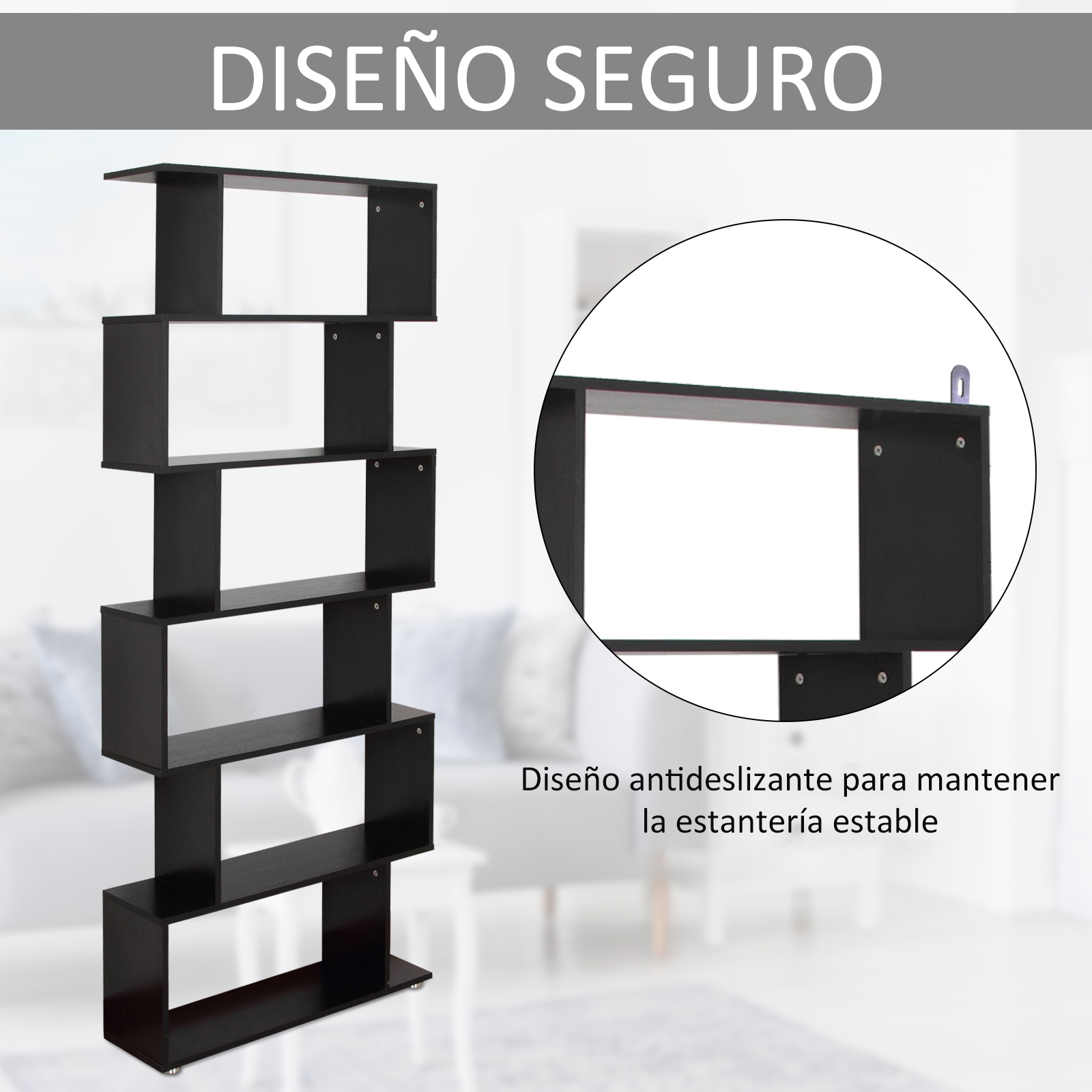 Estantería negra de cinco niveles en zigzag con detalle de su fijación a la pared.