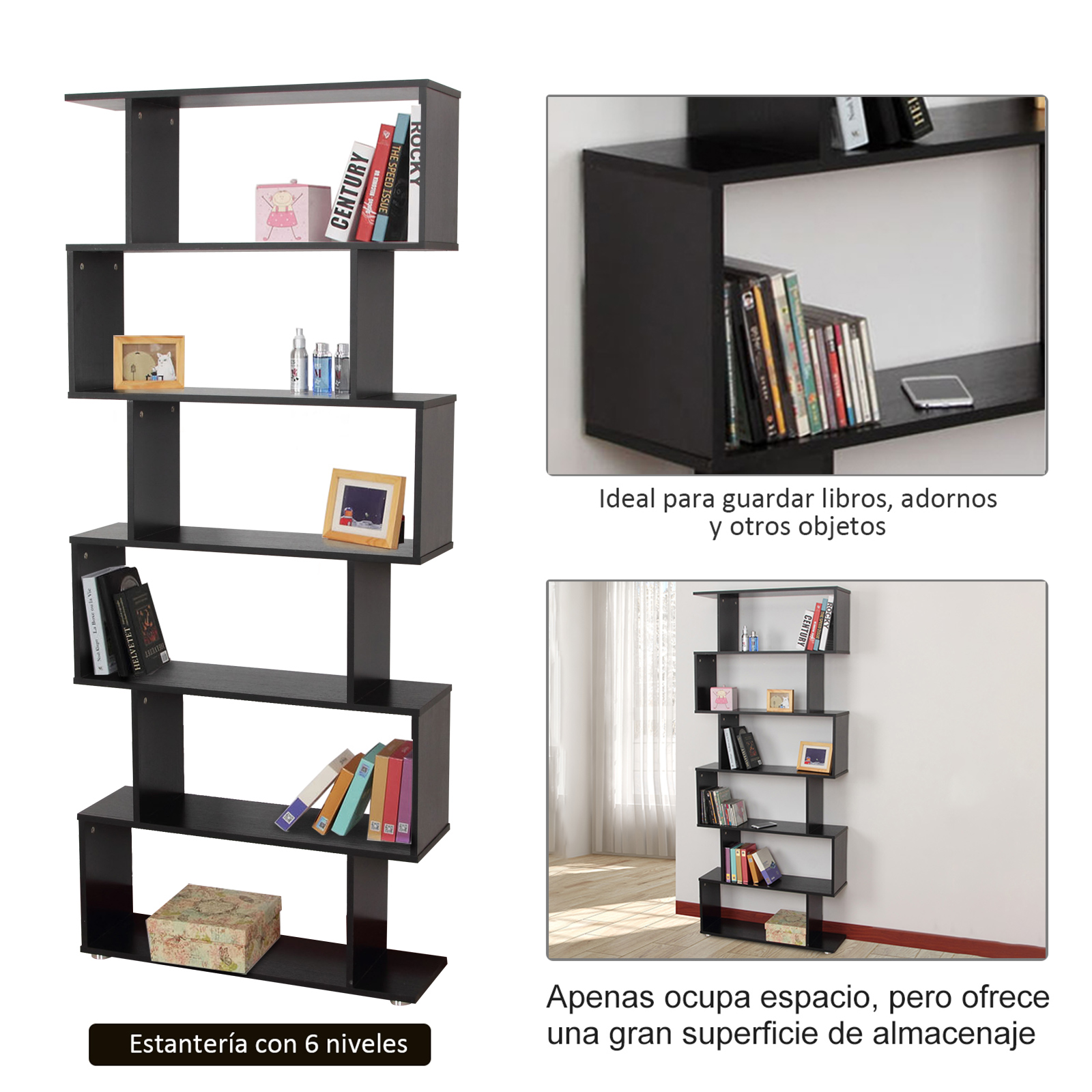 Estantería negra escalonada con libros, marcos y objetos decorativos.