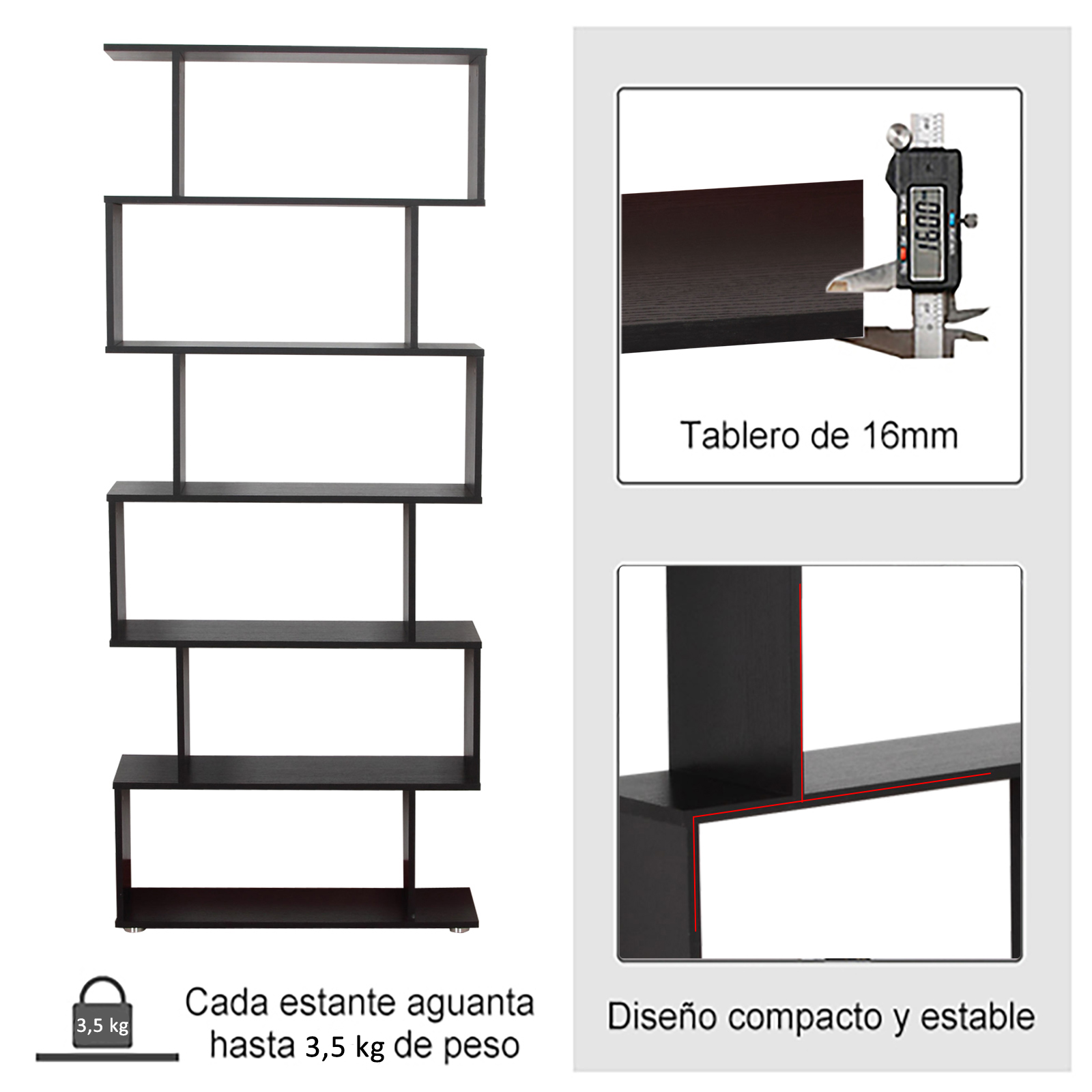 Una estantería negra de varios niveles con primeros planos de su grosor y estabilidad.
