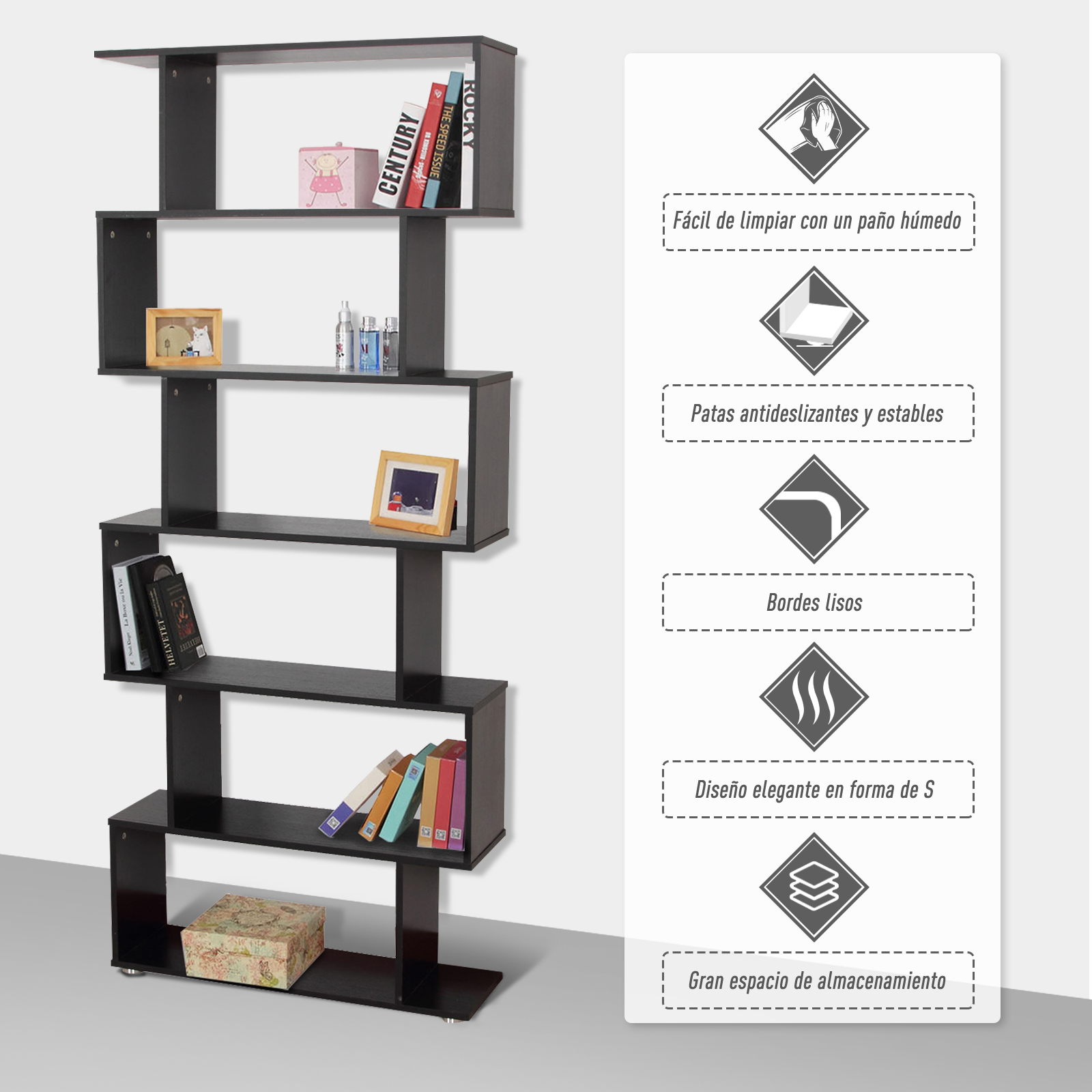 Una estantería negra en forma de S con libros, marcos de fotos y una caja.