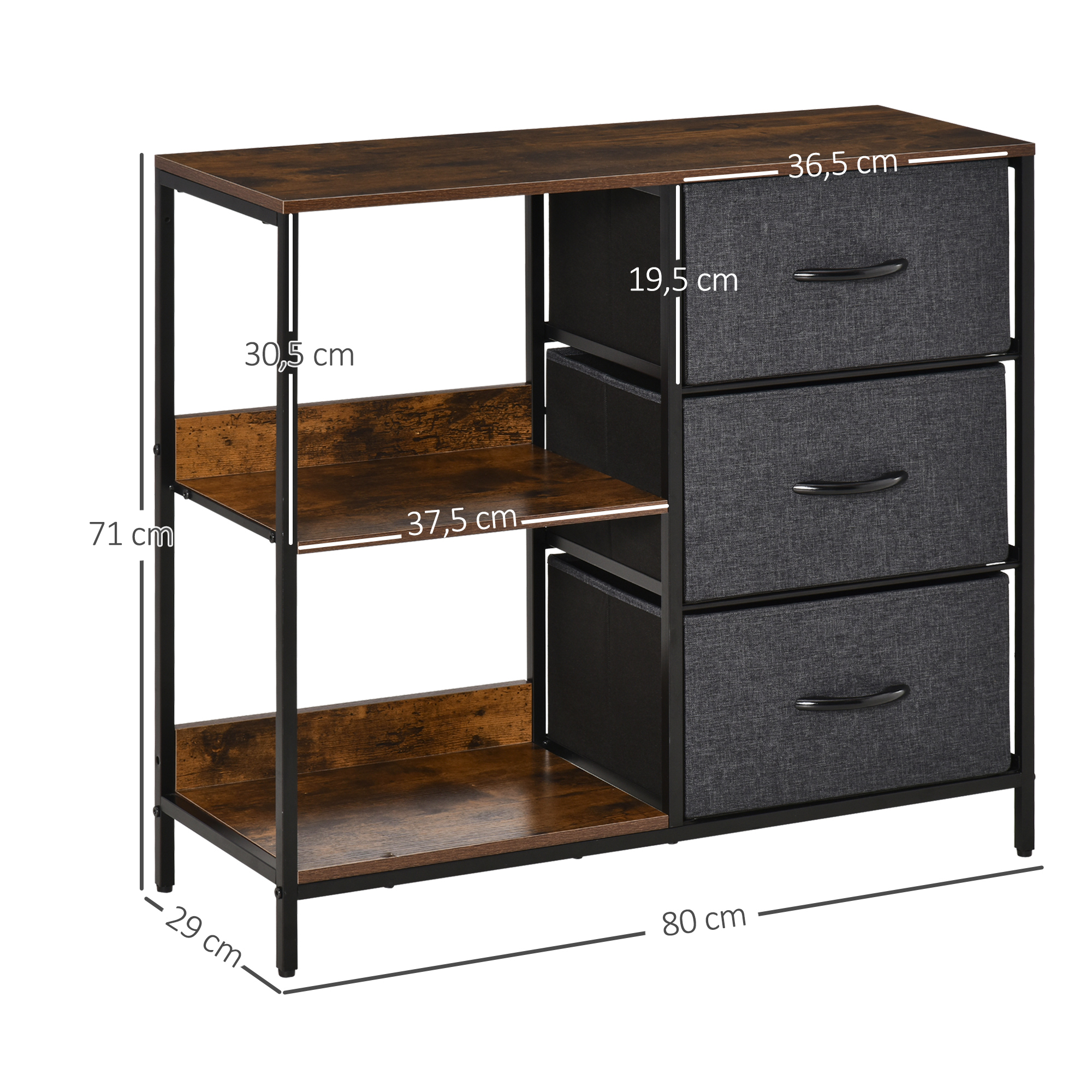 Cómoda de madera con tres cajones y estantes abiertos, marco metálico.
