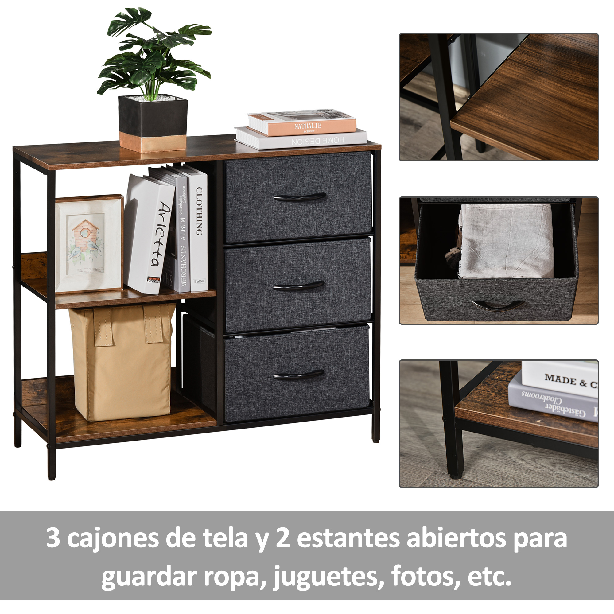 Un mueble de almacenamiento con tres cajones de tela y dos estantes abiertos, con planta y libros.