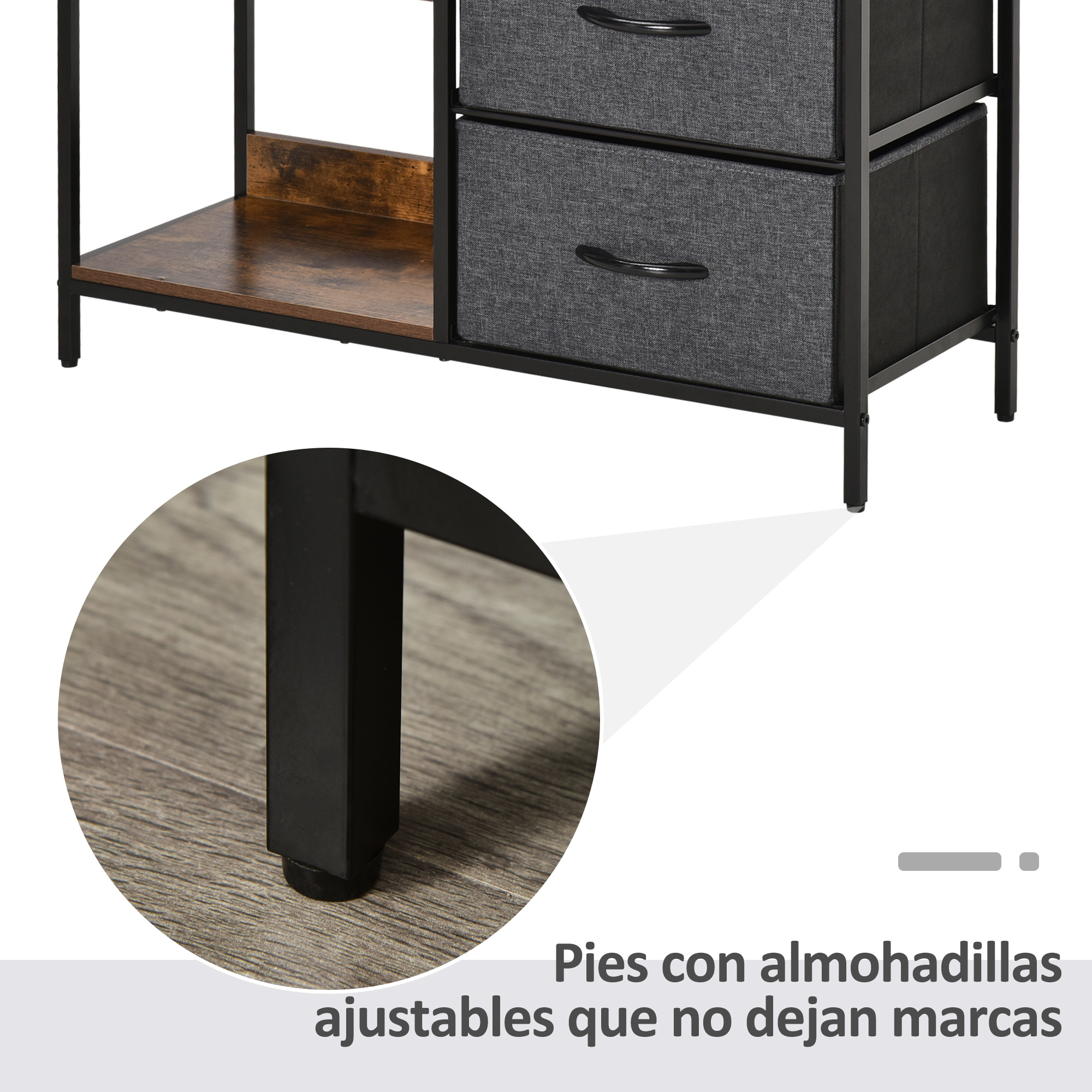 Un marco de metal negro con estante de madera y cajones de tela gris.