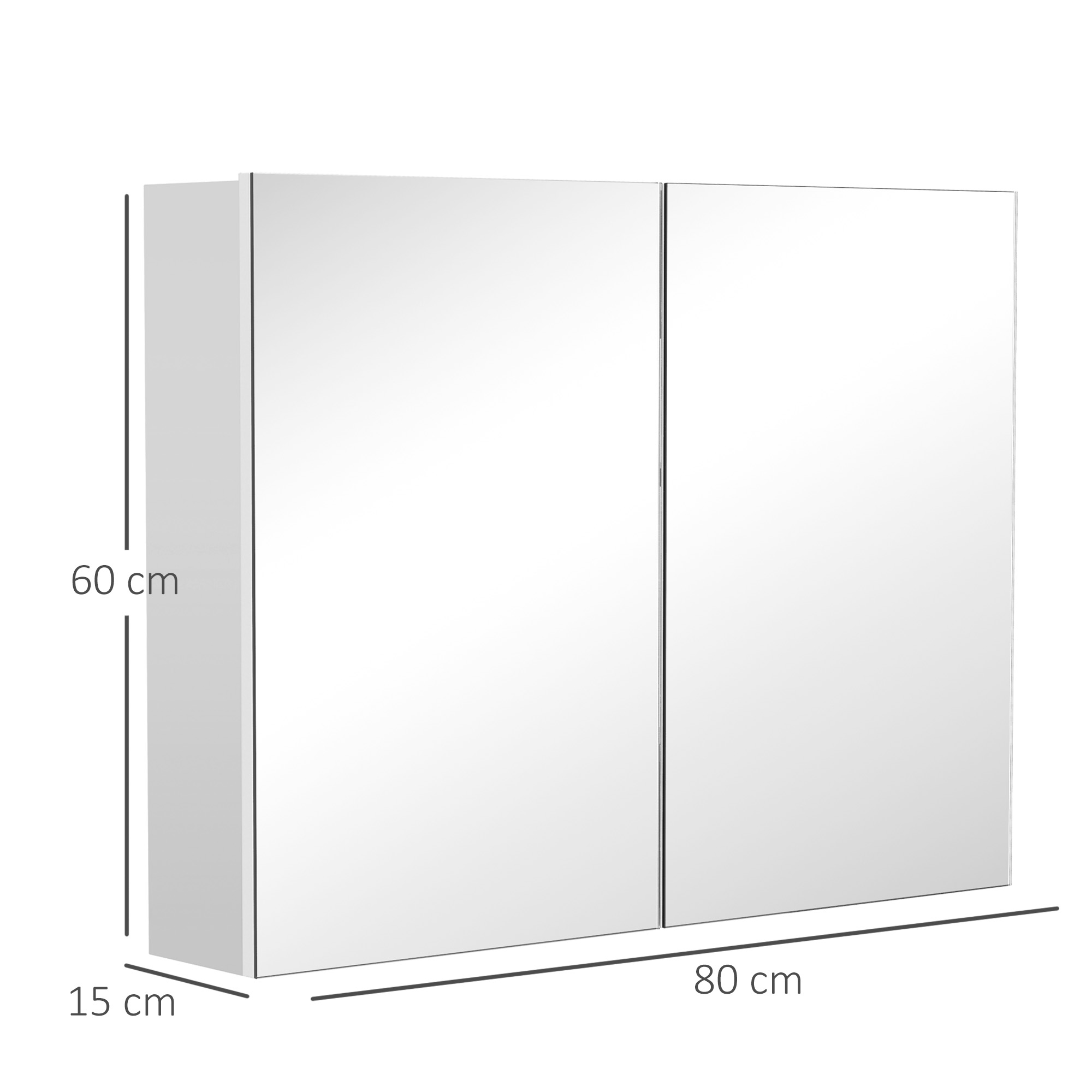 Un armario blanco con espejo y dos puertas, 80cm de ancho, 60cm de alto, 15cm de profundo.