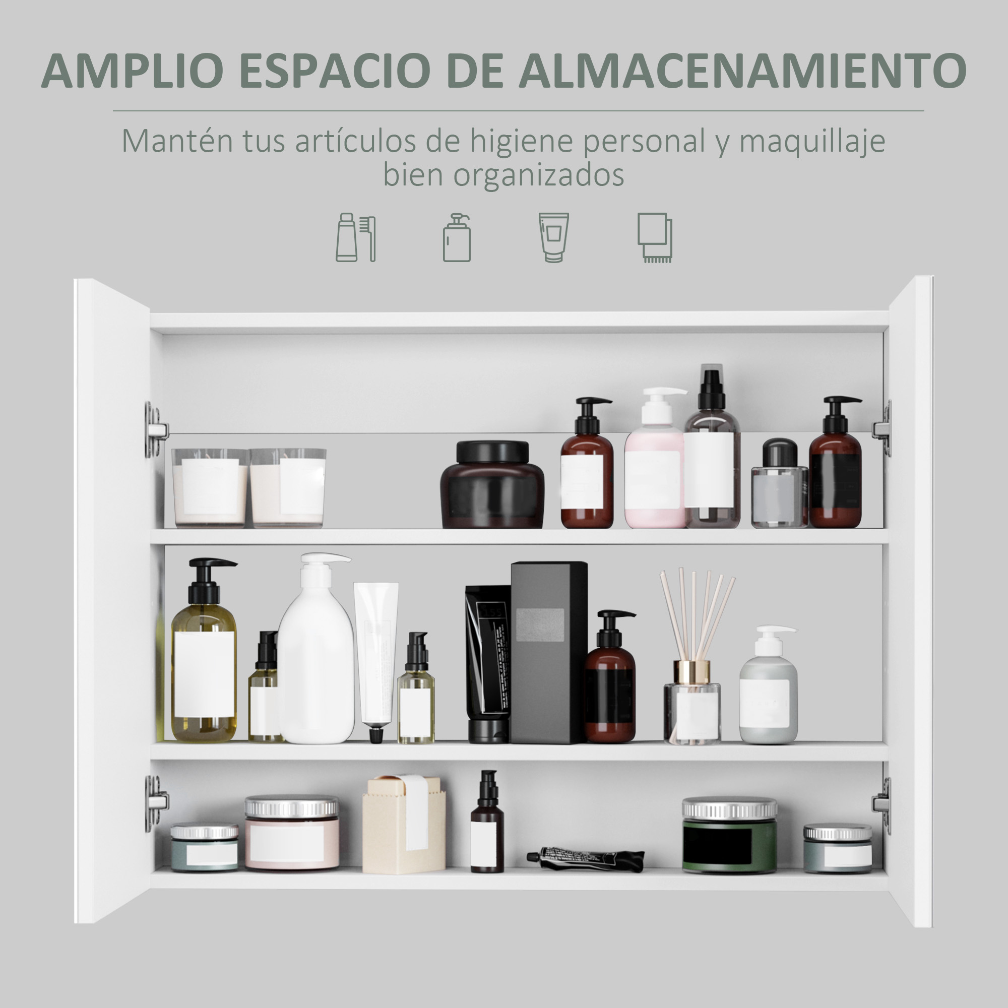 Un gabinete blanco abierto lleno de artículos de tocador y cosméticos en tres estantes.