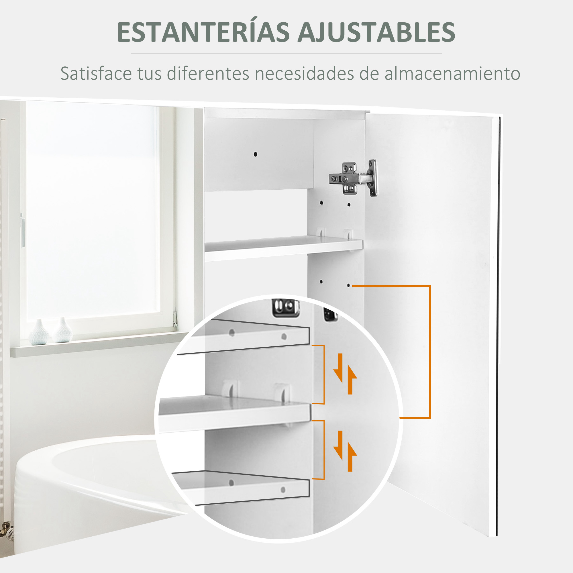 Gabinete blanco abierto con estantes ajustables y vista a ventana.