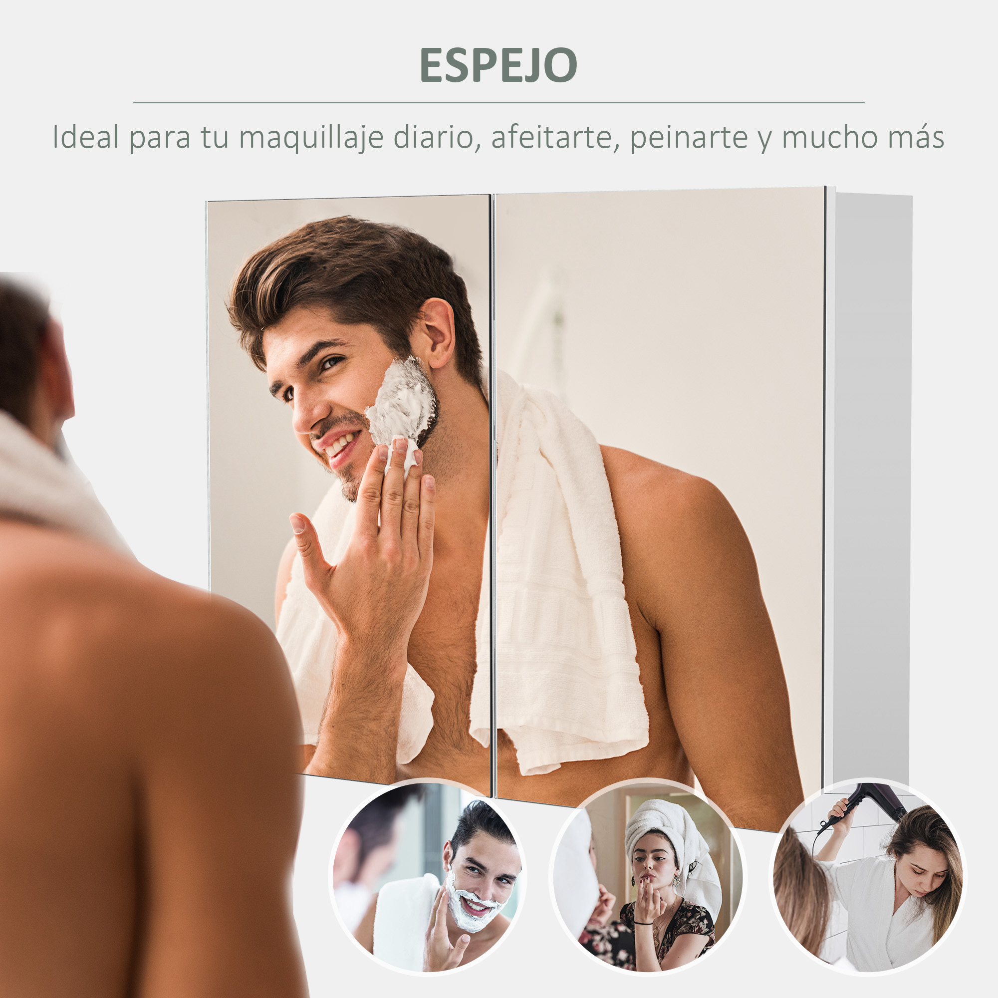 Hombre afeitándose, mujer maquillándose, mujer secándose el pelo.