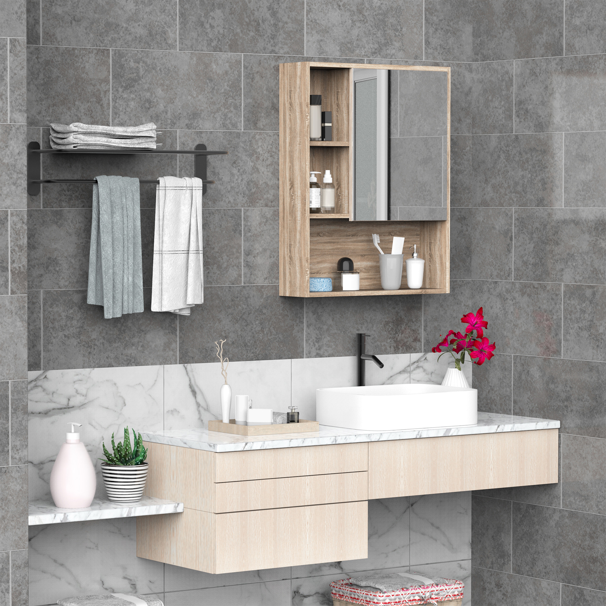 Baño moderno con mueble de espejo de madera, lavabo y toallas.
