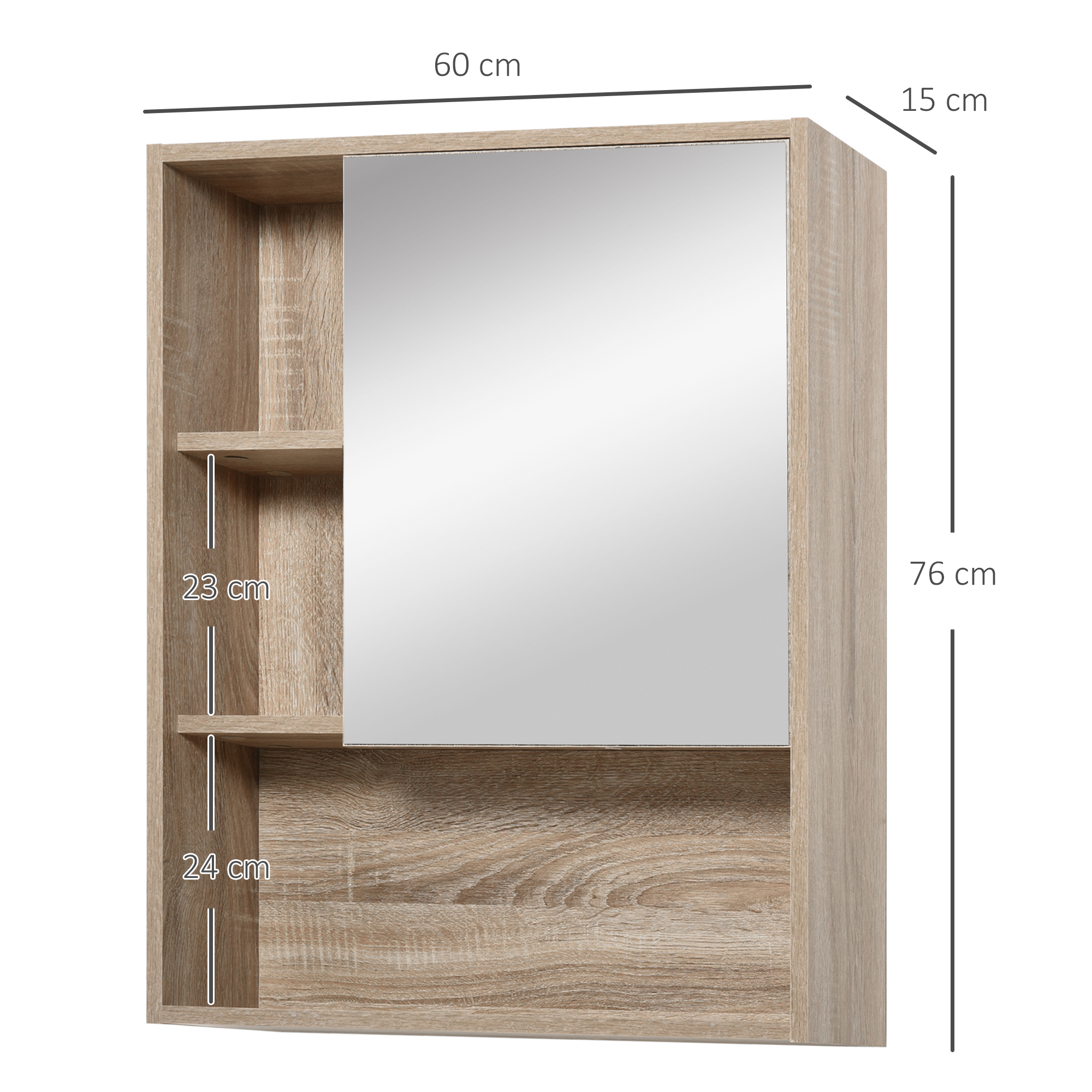 Un armario de madera con espejo y estantes abiertos, mostrando medidas.