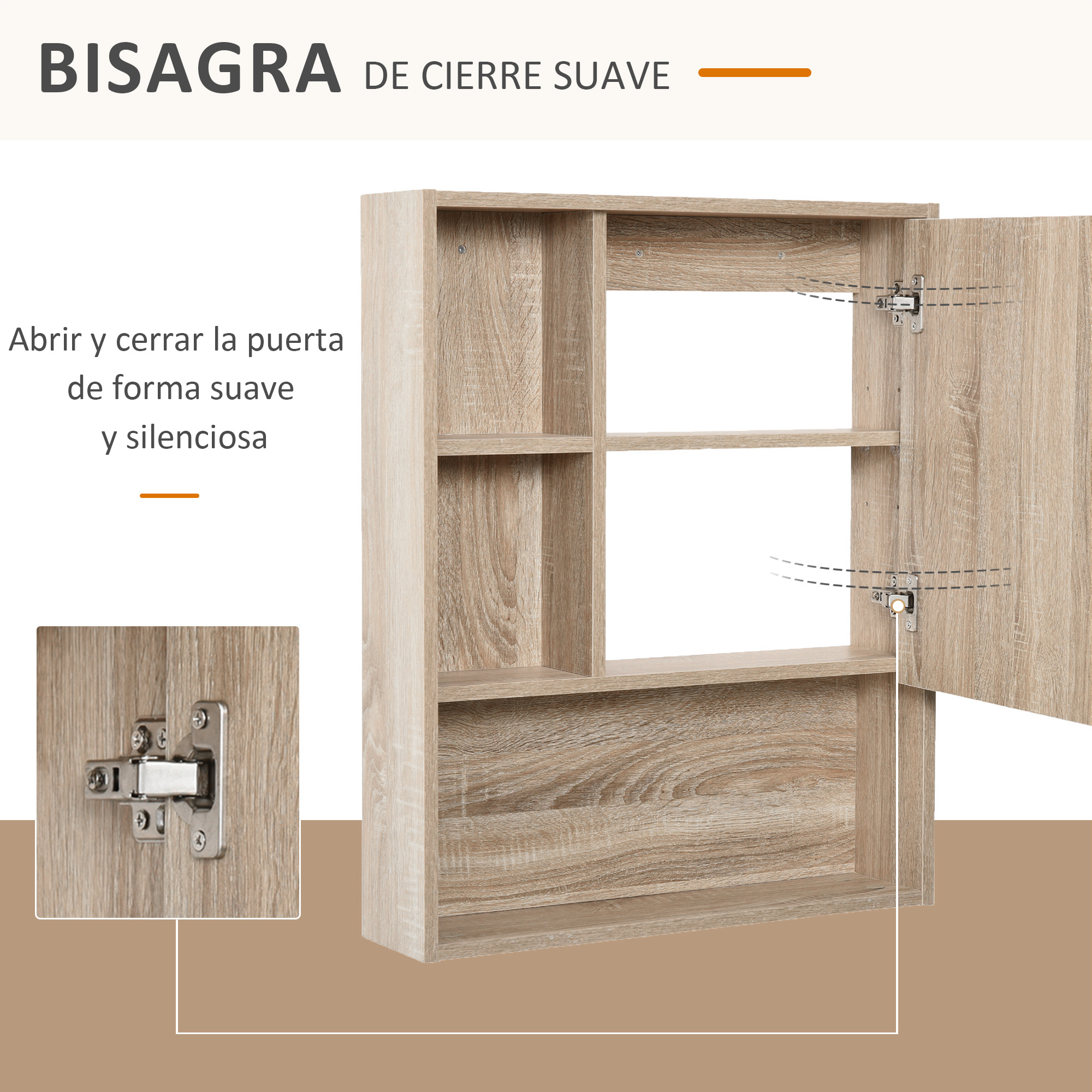 Un armario de madera marrón claro con una puerta abierta y detalle de bisagra.