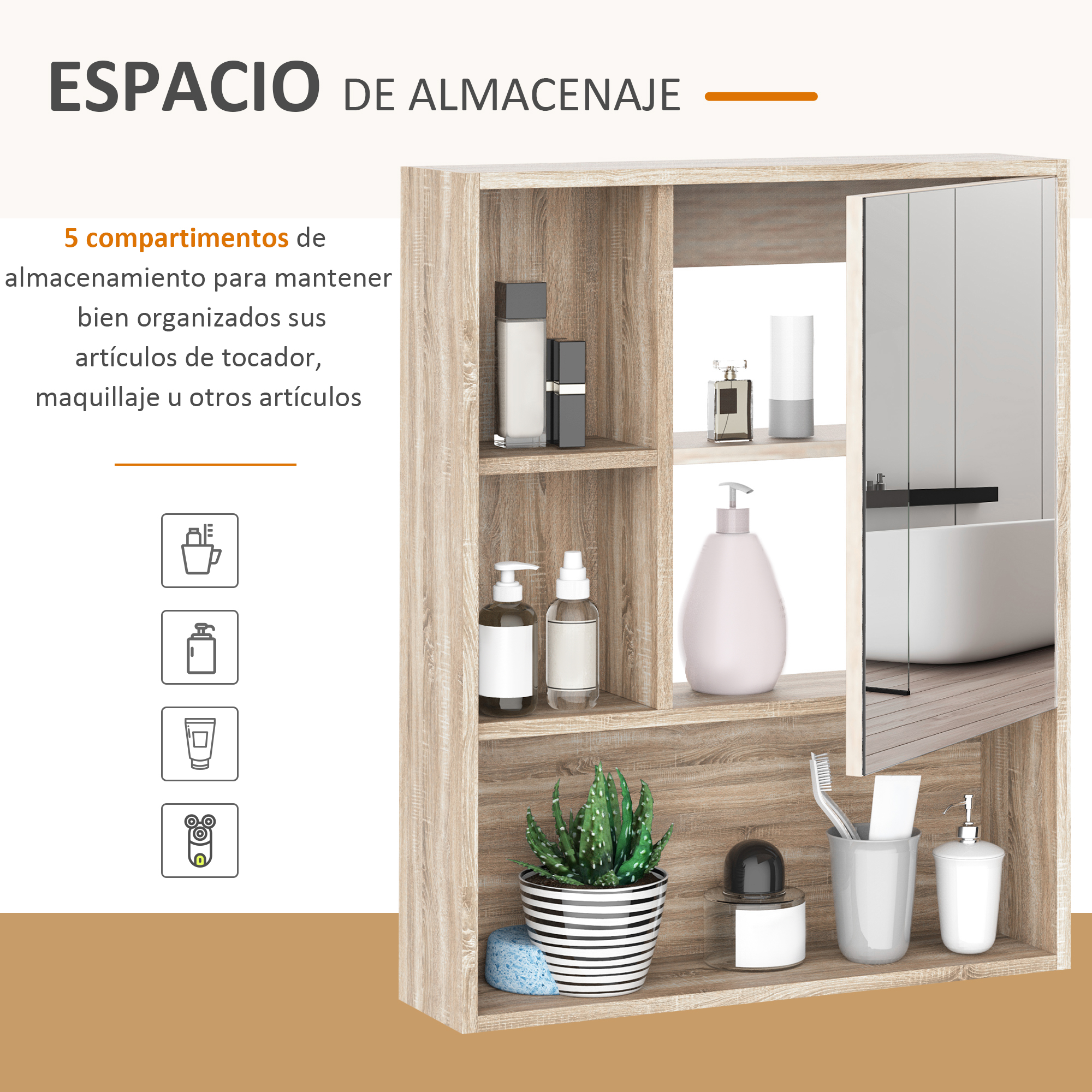 Armario de madera con puerta de espejo, exhibe artículos de tocador, planta y baño.