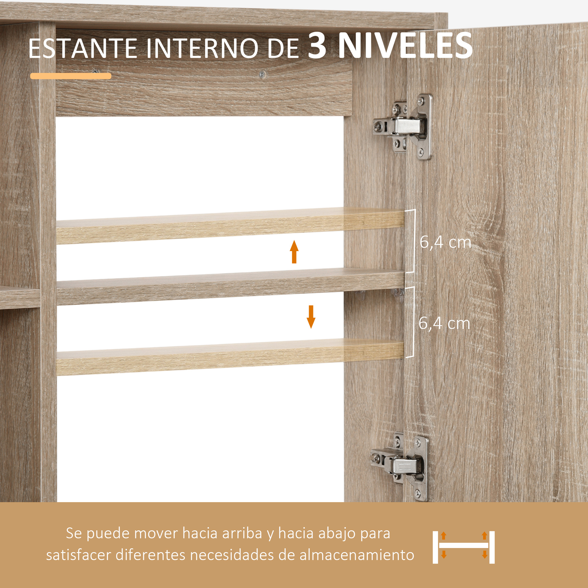 Estante ajustable de 3 niveles, veta de madera, con flechas