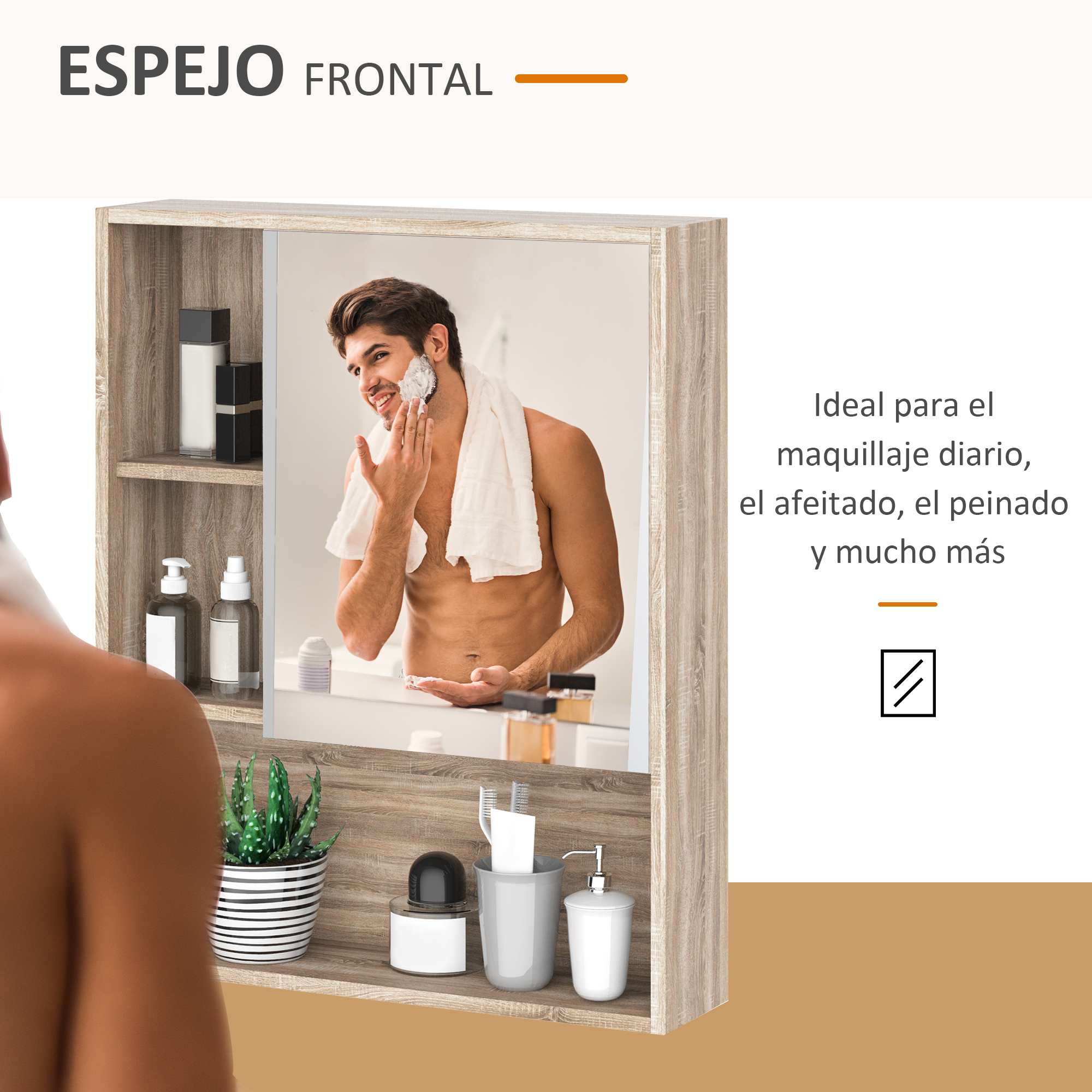 Hombre afeitándose frente a un espejo, con artículos de tocador en estantes. Texto: Ideal para maquillaje diario, afeitado, peinado y más.