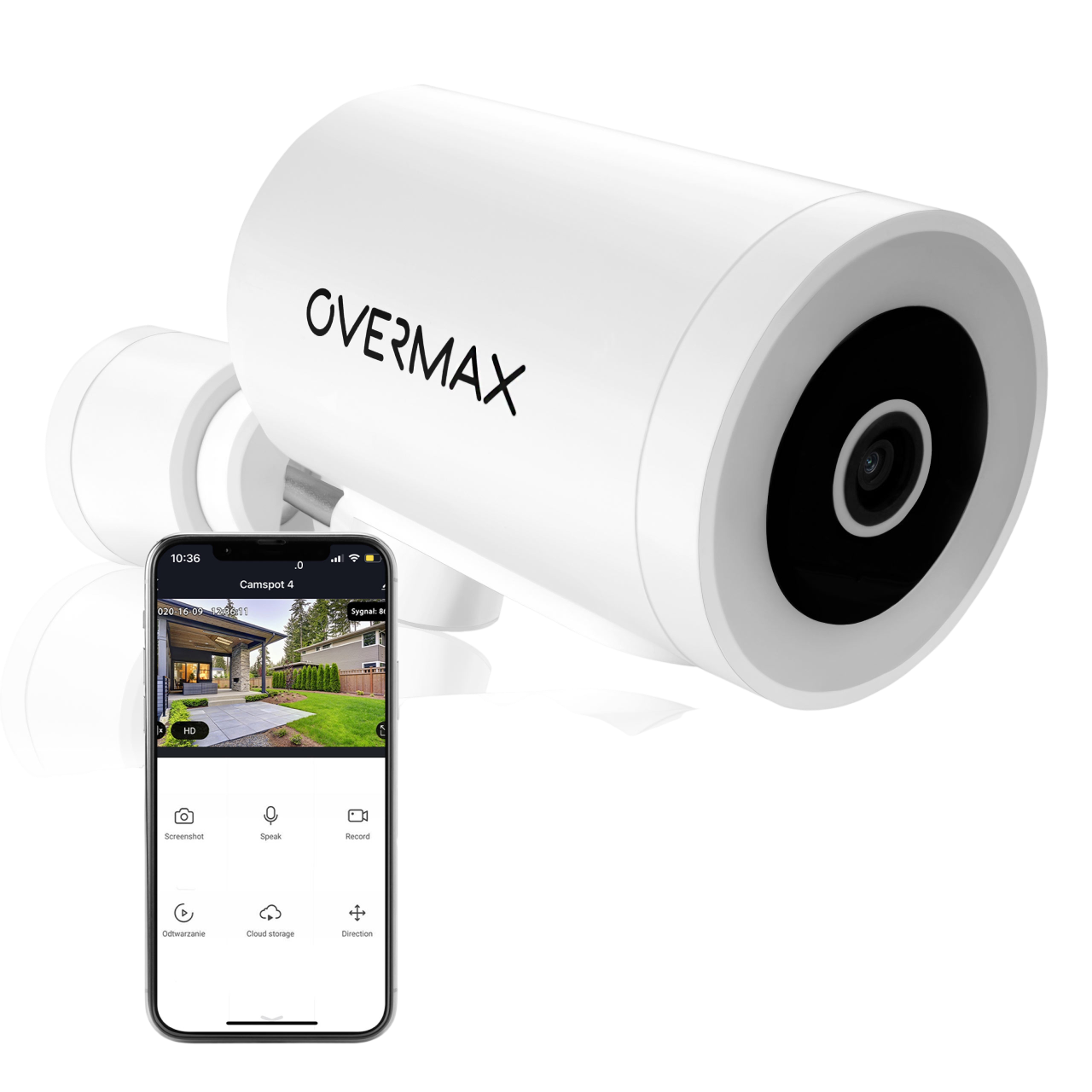 Biała kamera bezpieczeństwa z aplikacją na smartfona pokazującą patio.