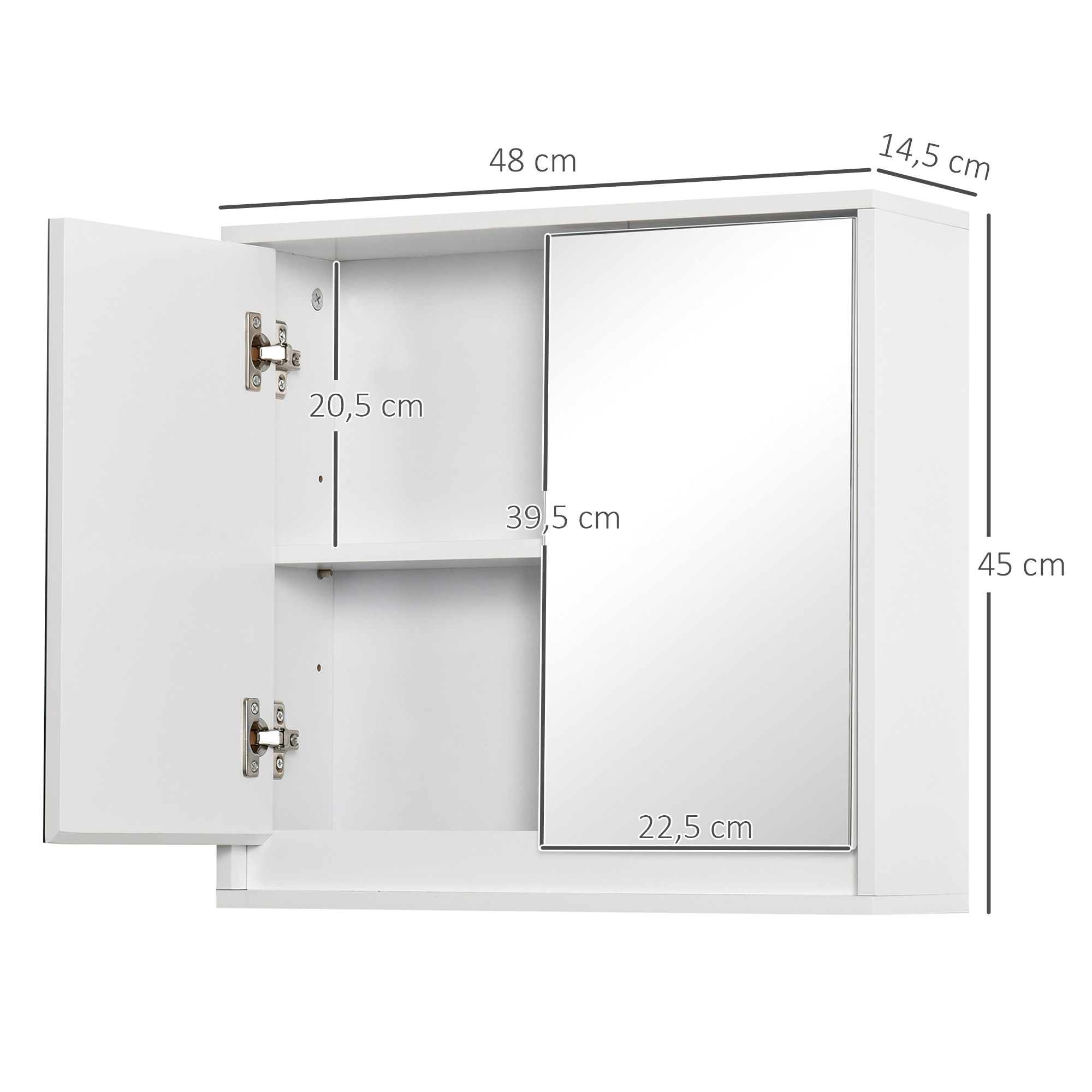 Gabinete de baño blanco con puerta abierta y espejo. Se muestran las dimensiones.