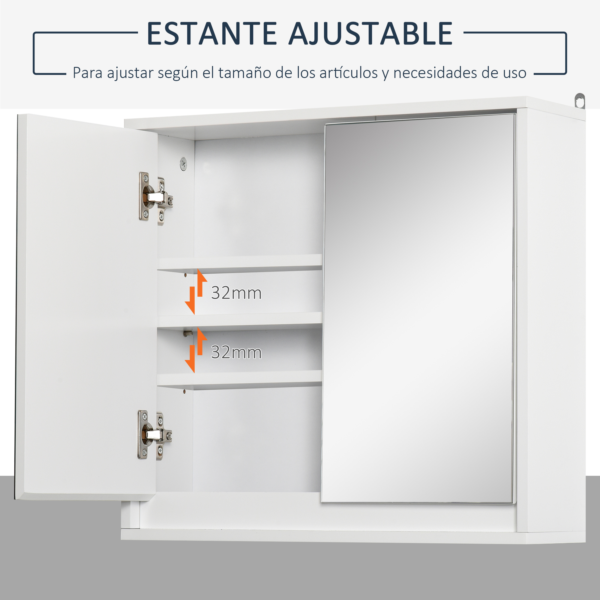 Gabinete blanco con puerta abierta y espejo. Estantes ajustables 32mm.