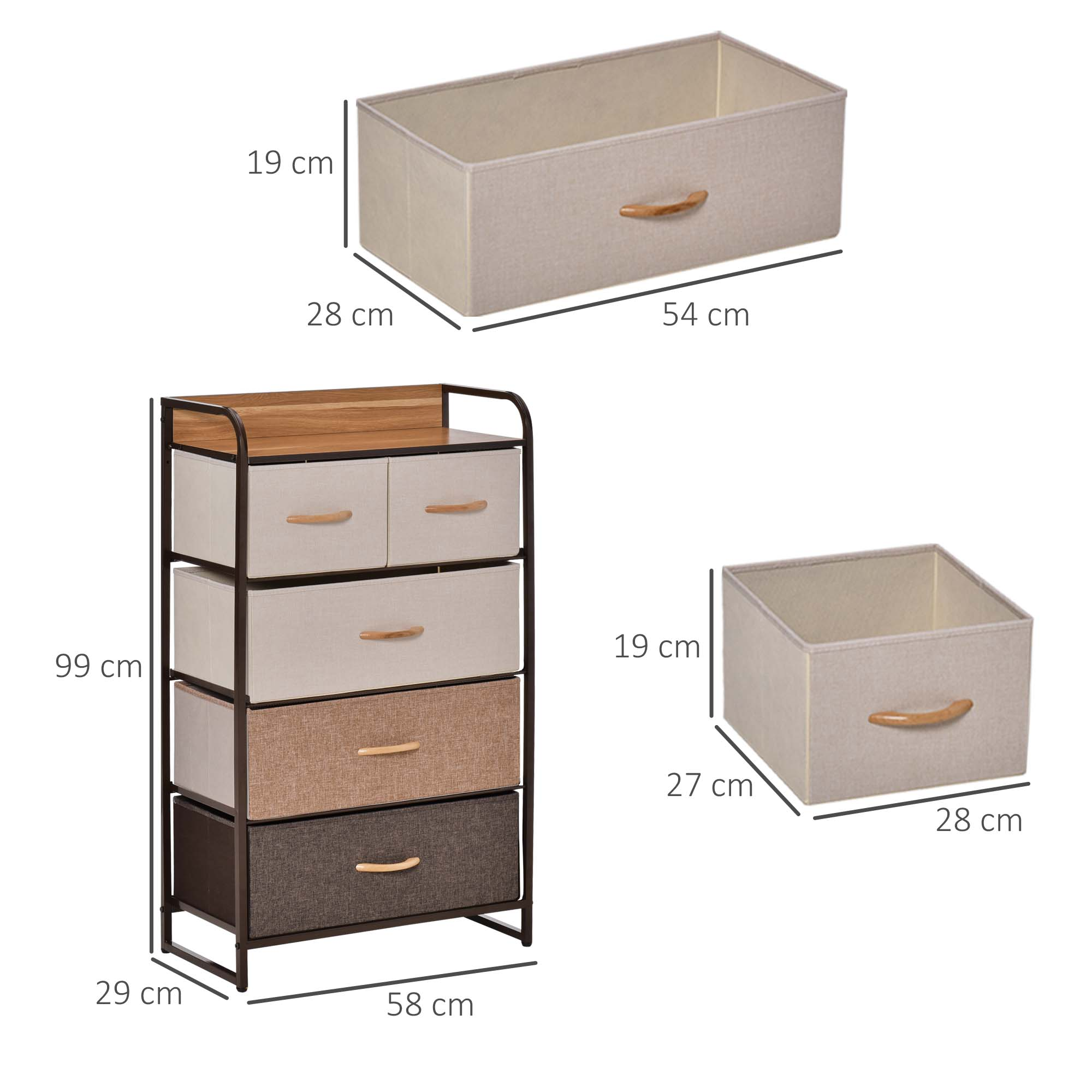 Unidad de cajones de tela con tapa de madera y marco metálico. Dimensiones mostradas.