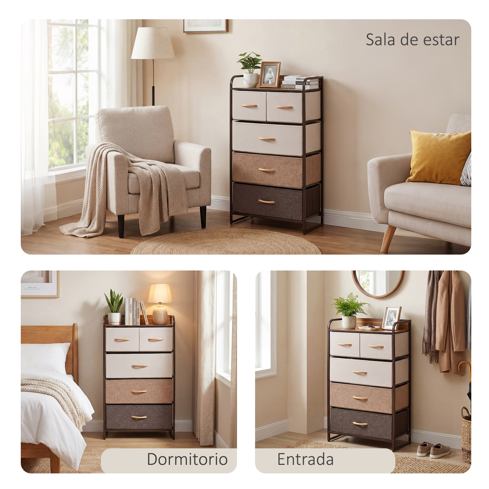 Un dormitorio, una sala de estar y un recibidor con cómodas.