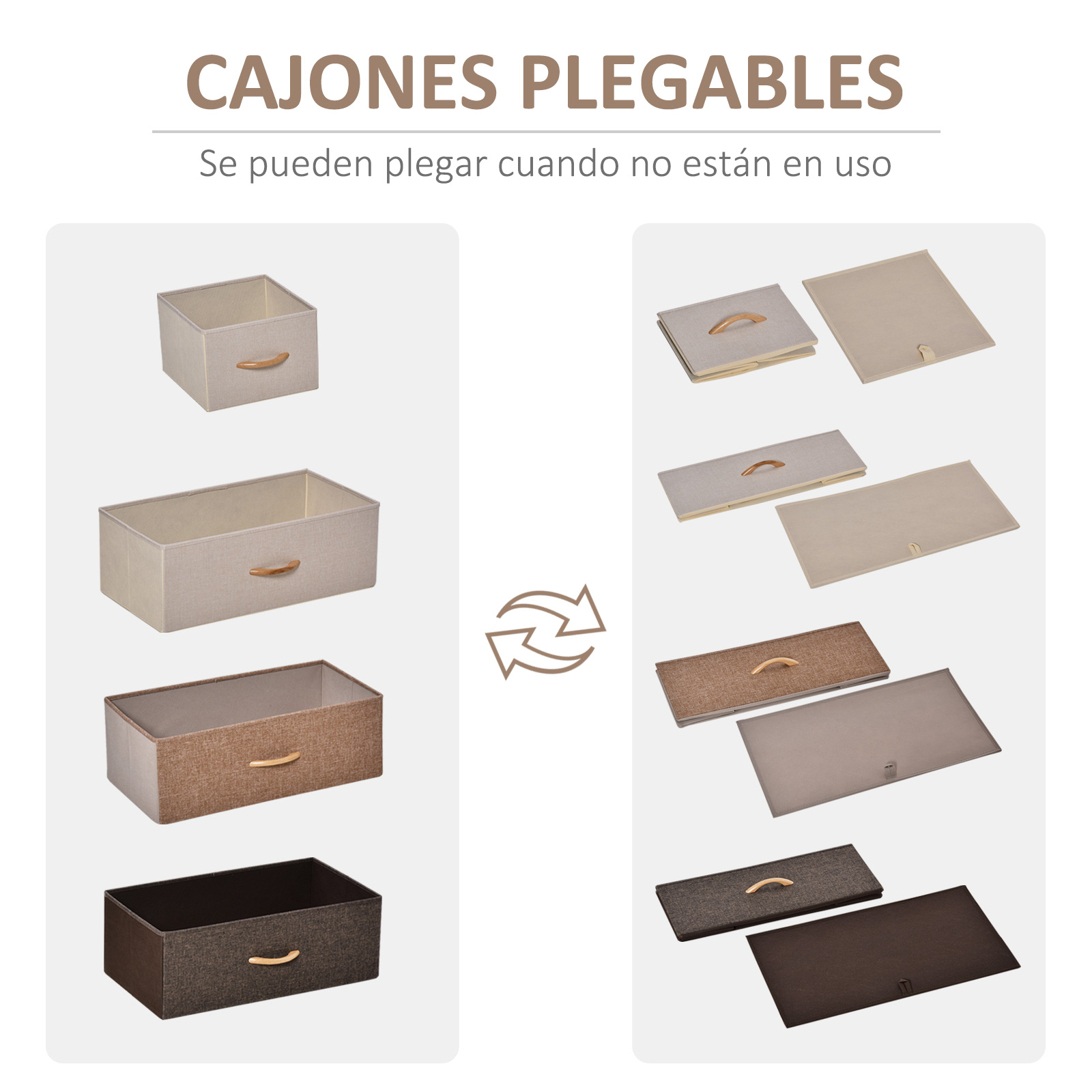 Cajones plegables en beige, marrón y marrón oscuro con asas de madera.