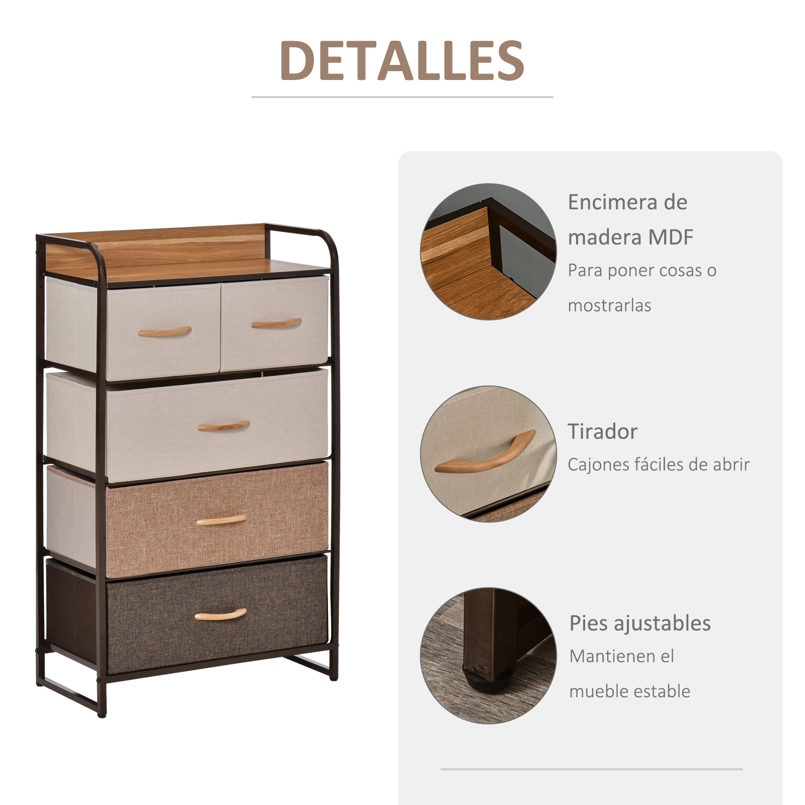 Cómoda de tela con tablero de madera, cuatro cajones de colores y tiradores de madera.
