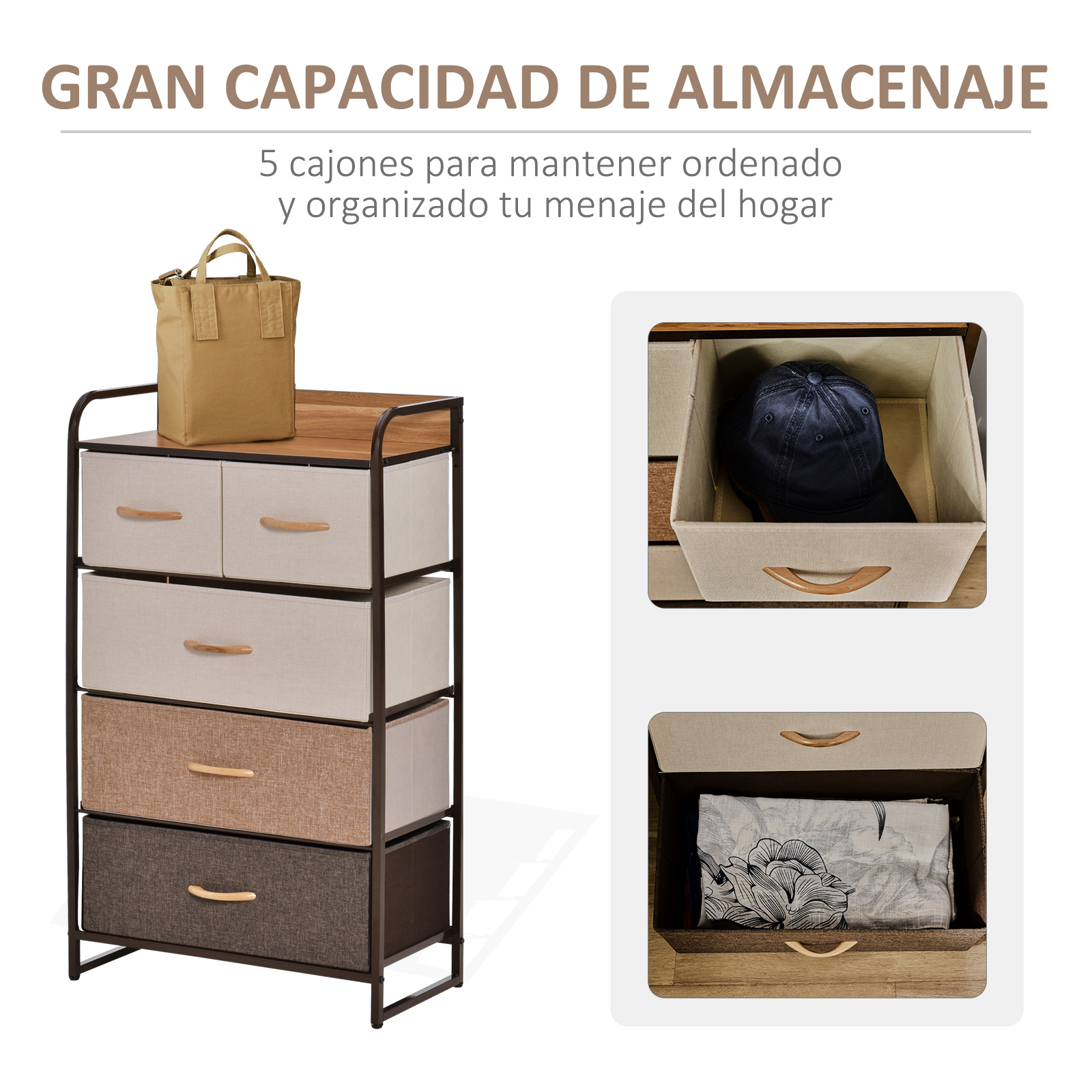 Cómoda de tela con cinco cajones y un bolso encima. Soluciones de almacenaje.
