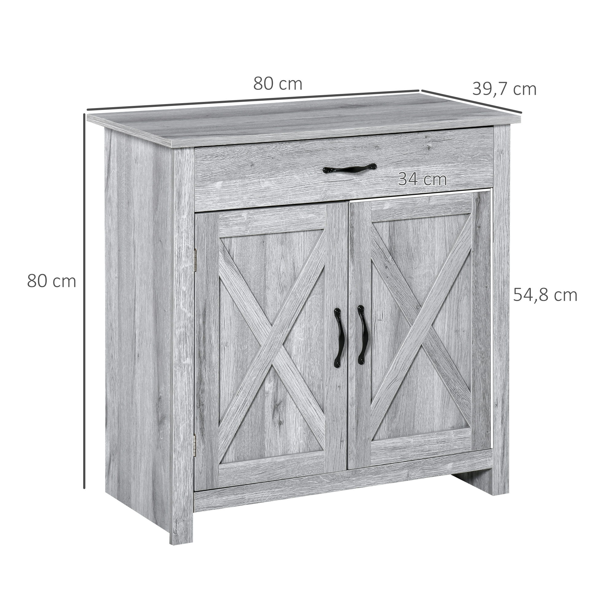 Gabinete de madera gris con un cajón y dos puertas estilo granero.
