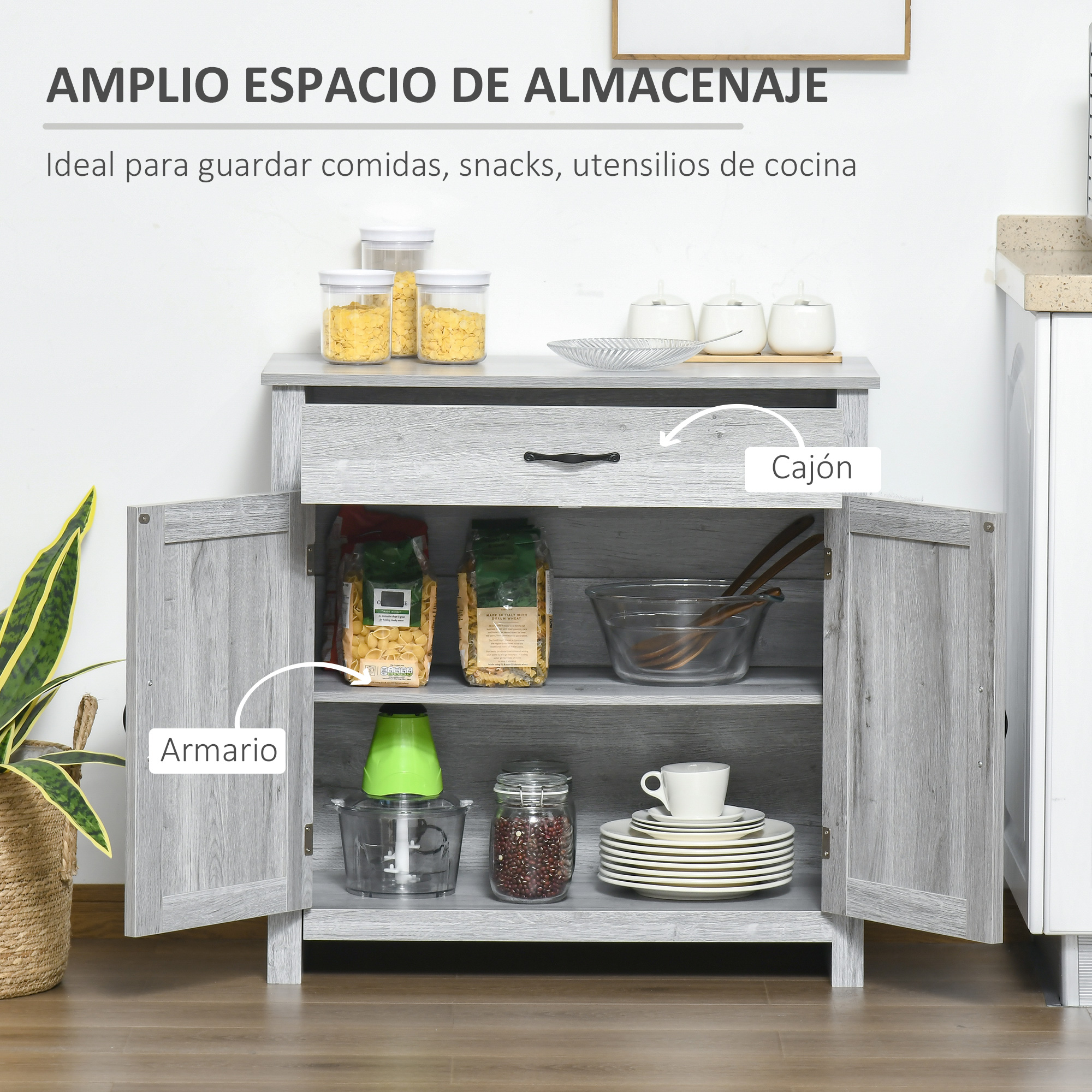 Gris armario de cocina con puertas abiertas, lleno de comida y utensilios.
