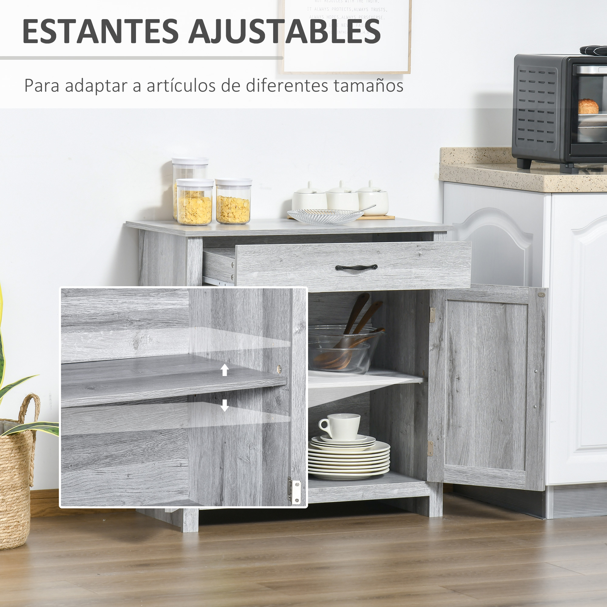 Armario de madera gris con cajón, puerta abierta, vajilla y mini horno.