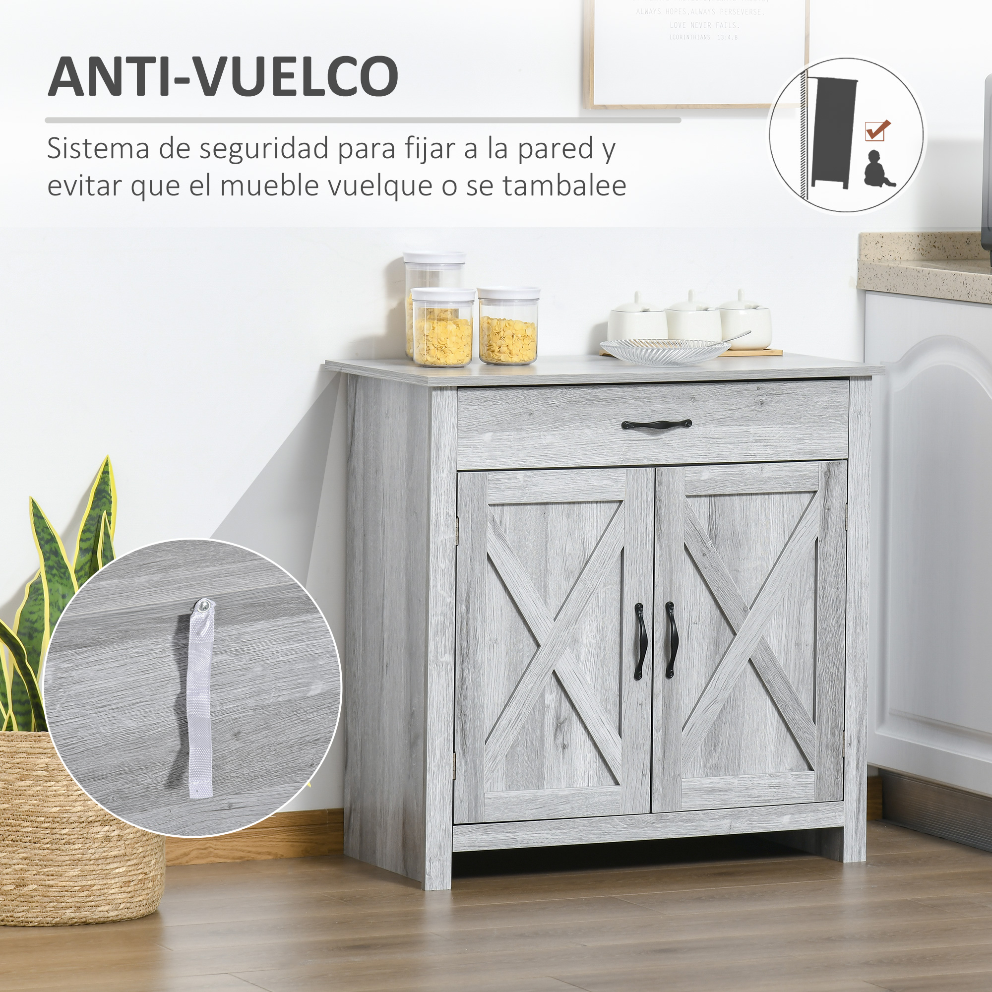 Gabinete gris con dos puertas, un cajón y un estante con frascos.
