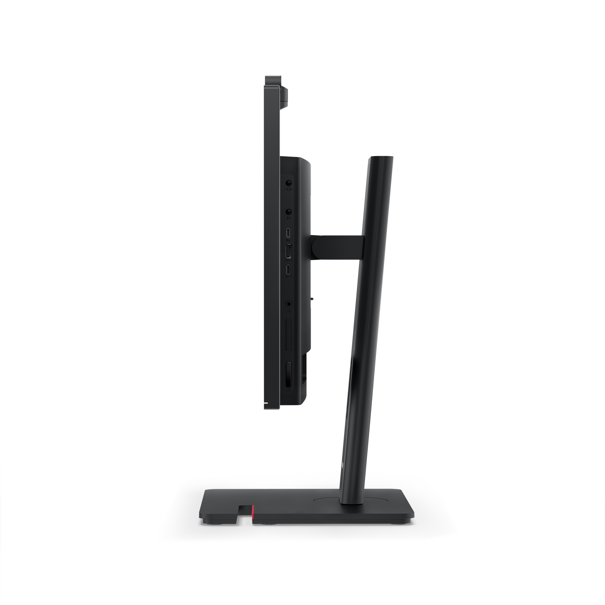 Seitenansicht eines schwarzen Monitors mit Anschlüssen und einem rechteckigen Standfuß.