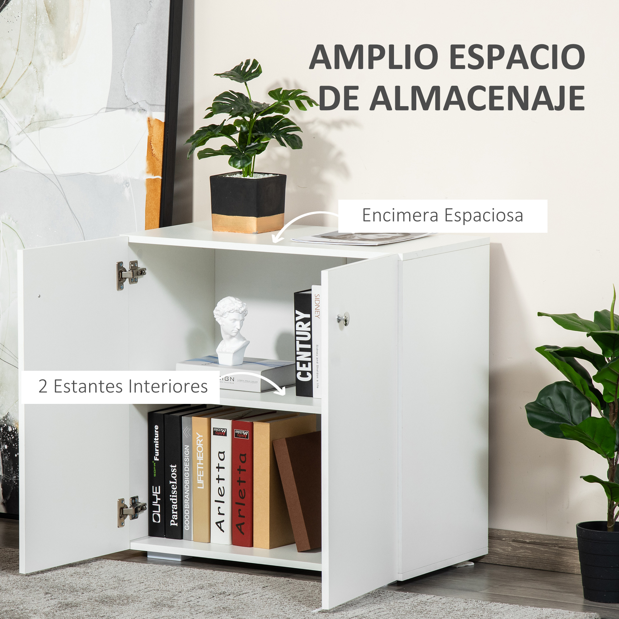 Un armario blanco con puertas abiertas, lleno de libros y un busto. Una planta en maceta al lado.