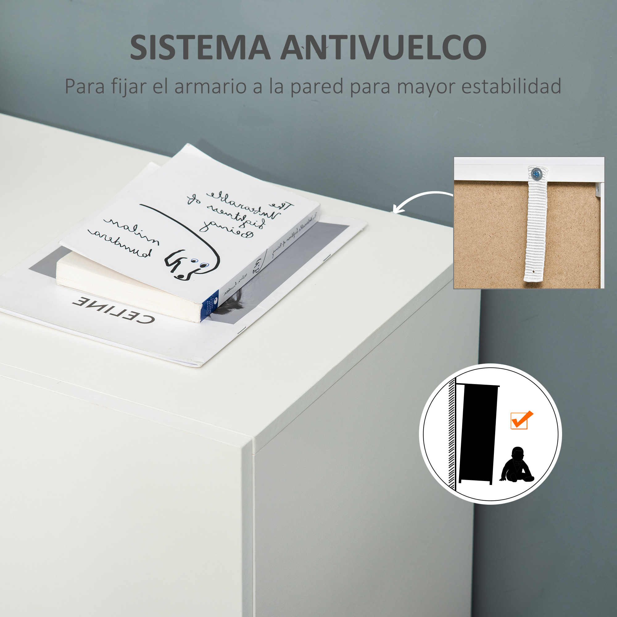Un armario blanco con libros, se muestra un sistema antivuelco.