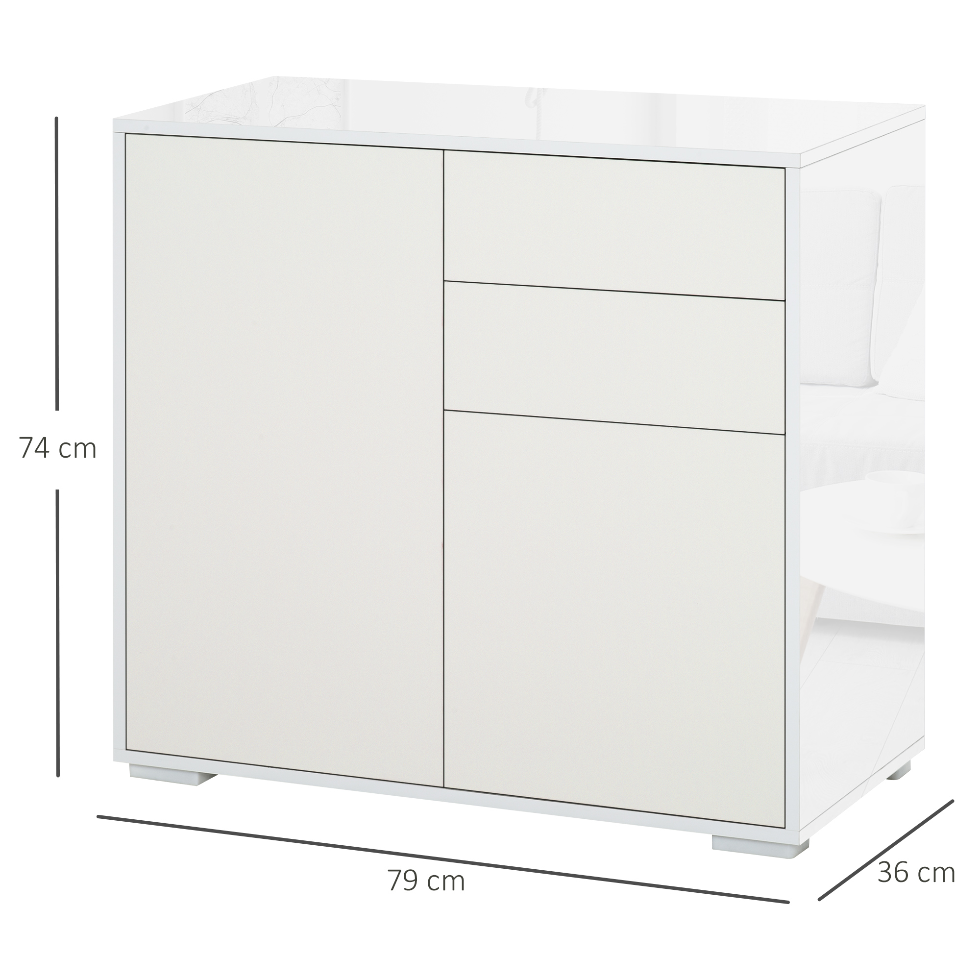 Un armario blanco de 74x79x36 cm, con dos puertas y tres cajones.