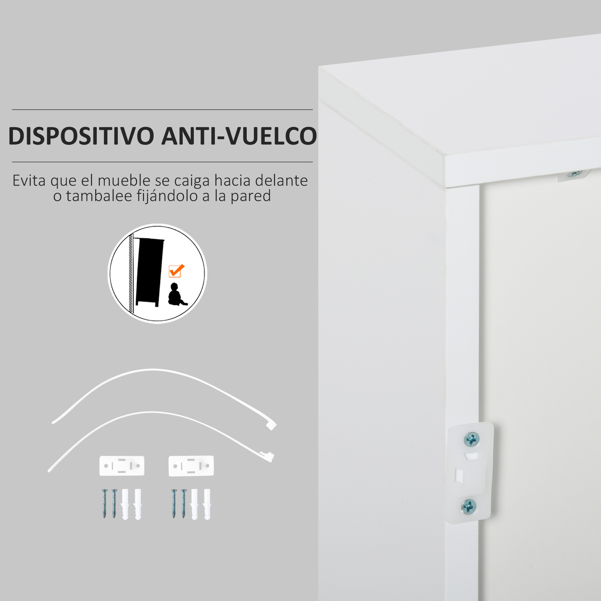 Dispositivo antivuelco con tornillos y tacos sobre fondo gris.