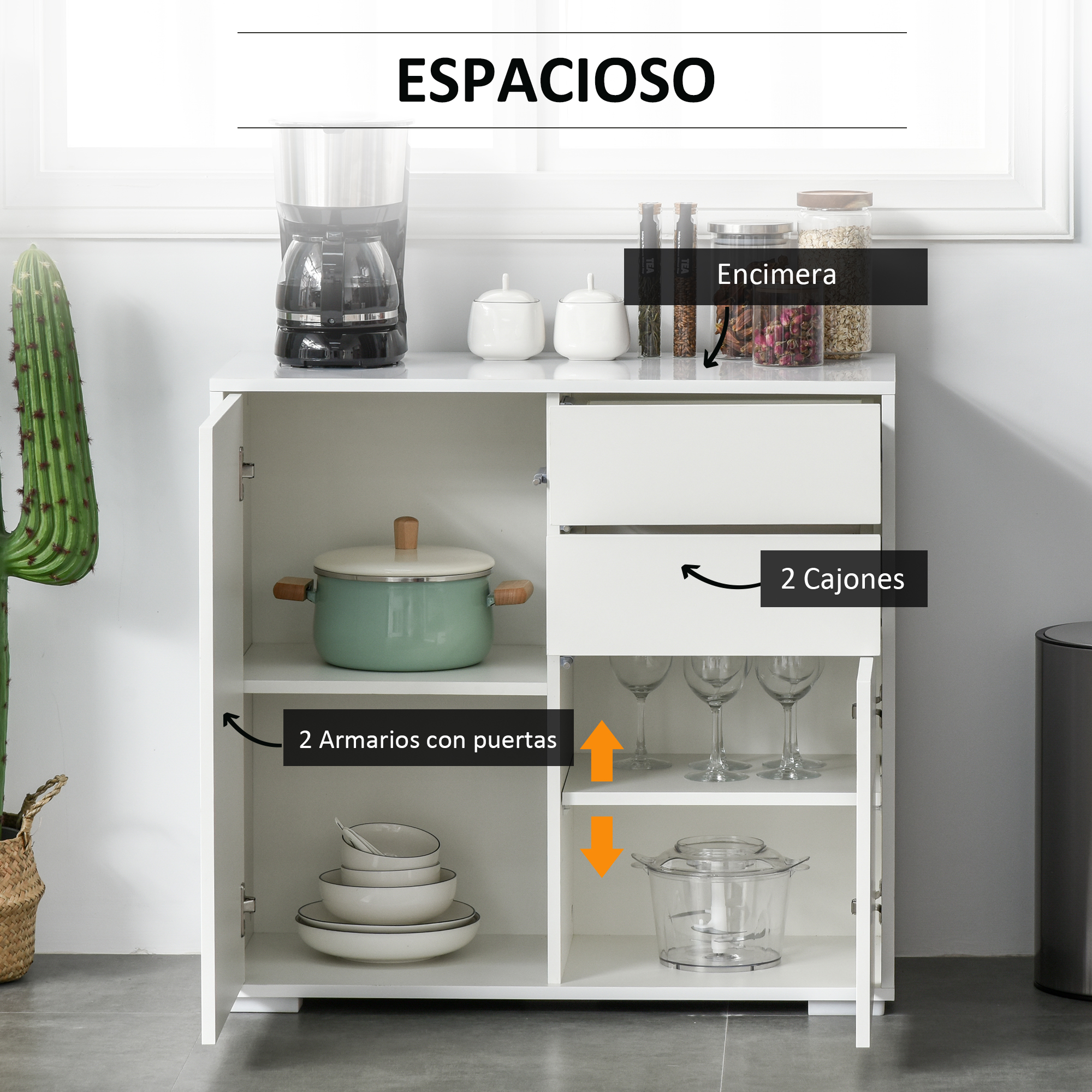 Un mueble de cocina blanco con puertas abiertas, muestra ollas, cuencos, vasos y un procesador de alimentos.