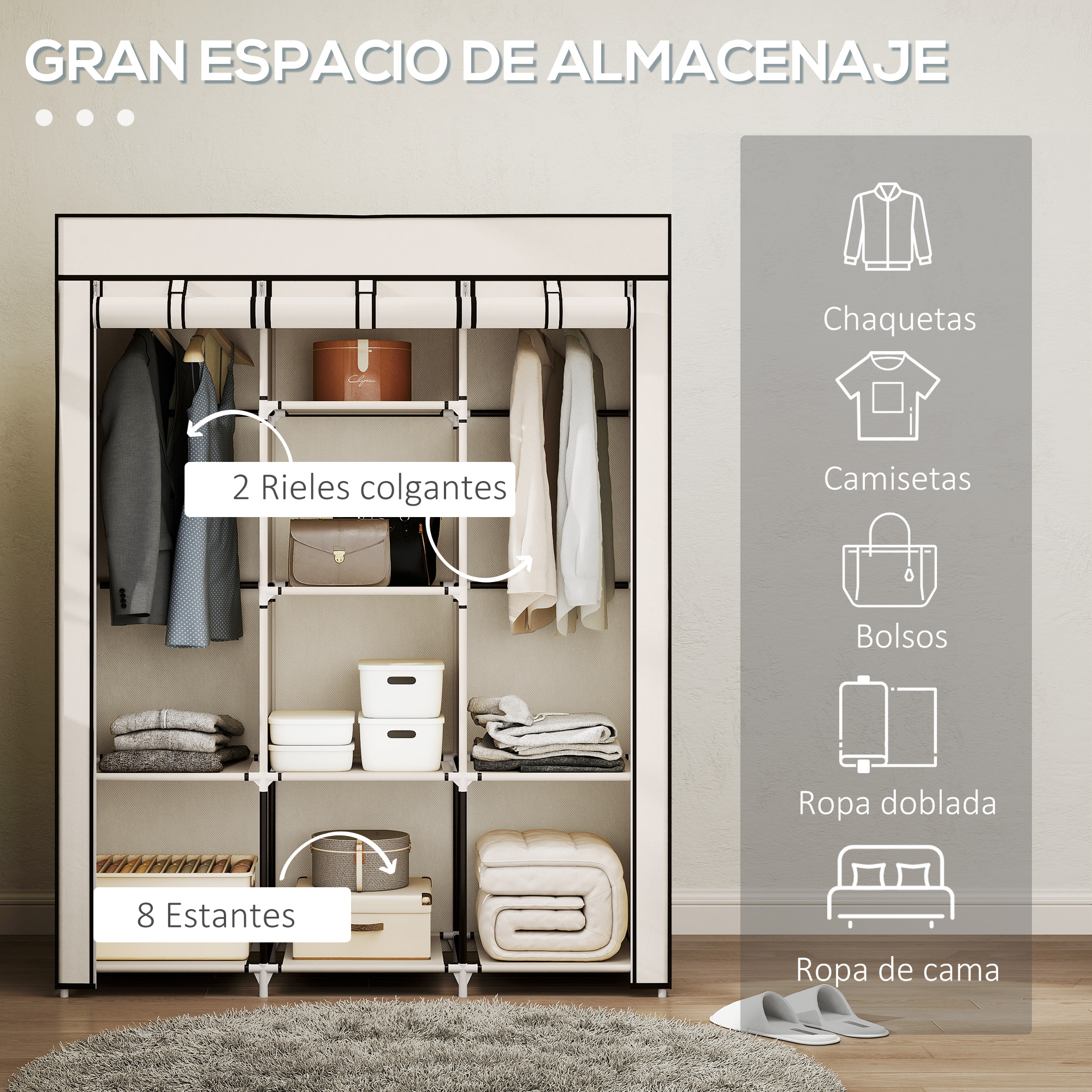Armario de tela blanco con ropa, bolsos y cajas. Etiquetado "Gran espacio de almacenaje".